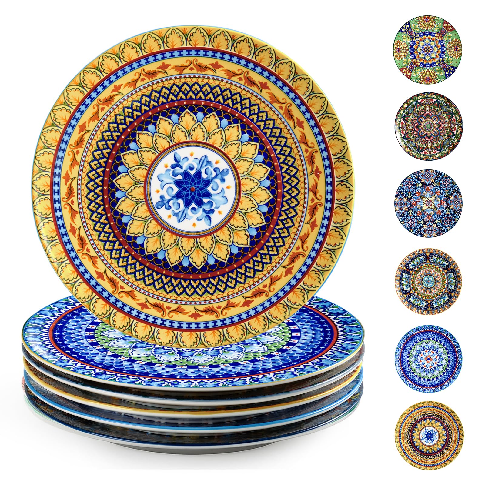 getstar Ceramic Dinner Plates Set of 6, Colorful Plate Set, 10.5 Inches, Microwave & Dishwasher Safe, Boho Dishes