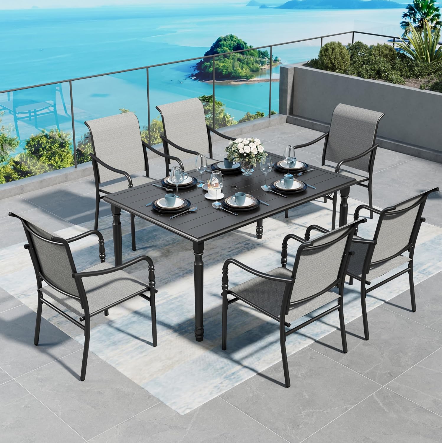 SUNSHINE VALLEY Outdoor Patio Chairs Set of 6, All-Weather Breathable Textilene Fabric, Ergonomic Patio Dining Chairs with Gourd-Shaped Armrests, Steel Frame for Backyard, Deck, Garden(Grey)