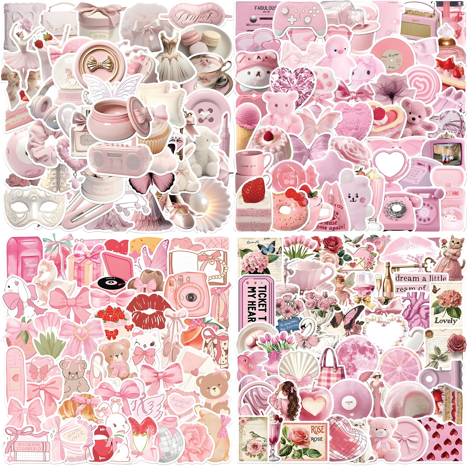 Ruispeed 200 Pieces Coquette Aesthetic Stickers โ Cute Pink Bow Stickers for Laptop, Bottle, Journal, Girlish Decor for Women, Girls, Adults, Children