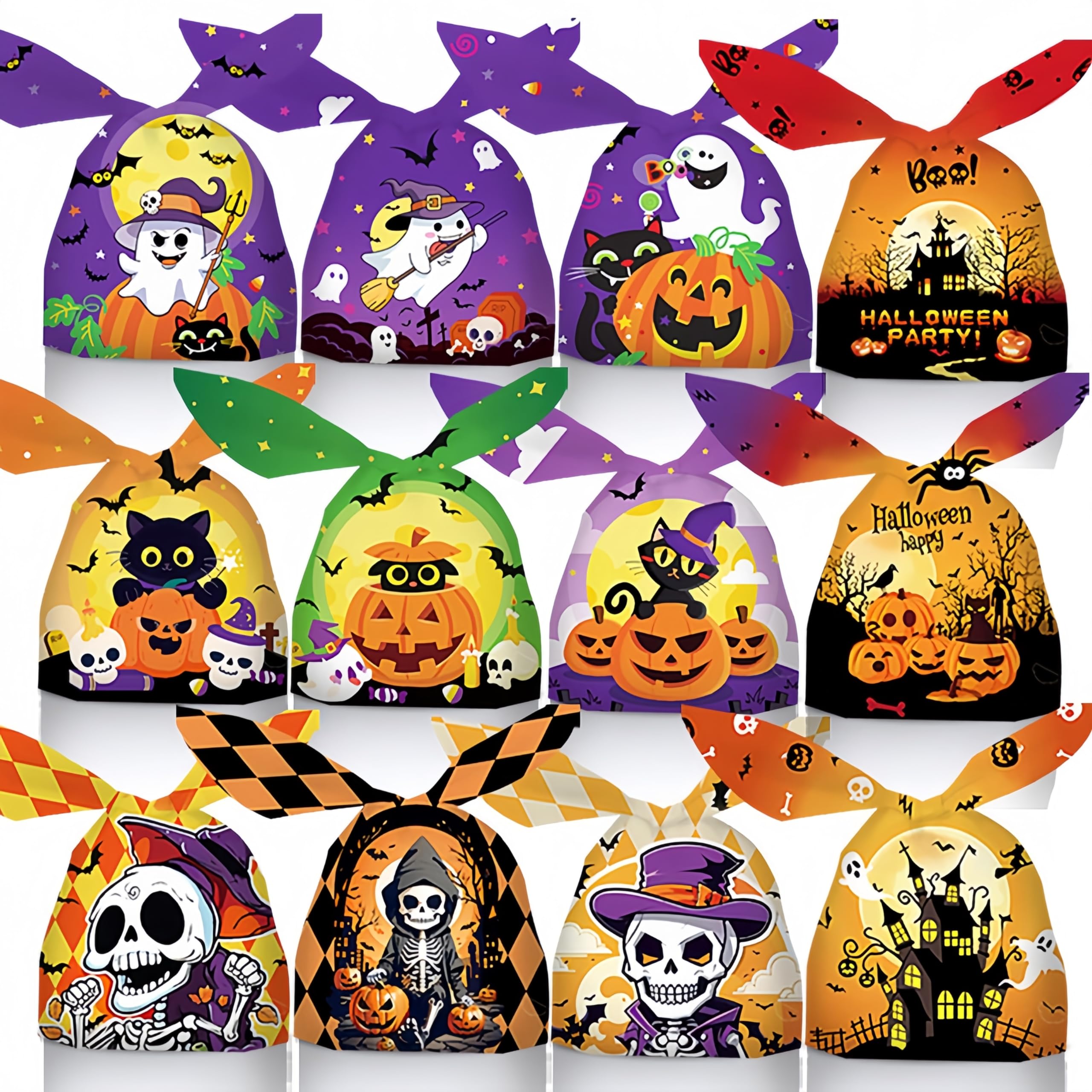 FTWONLIVE Torby na smakołyki na Halloween (12 wzorów z), torby na cukierki na Halloween na cukierek albo psikus; artykuły imprezowe: torby na smakołyki halloweenowe (200 sztuk)