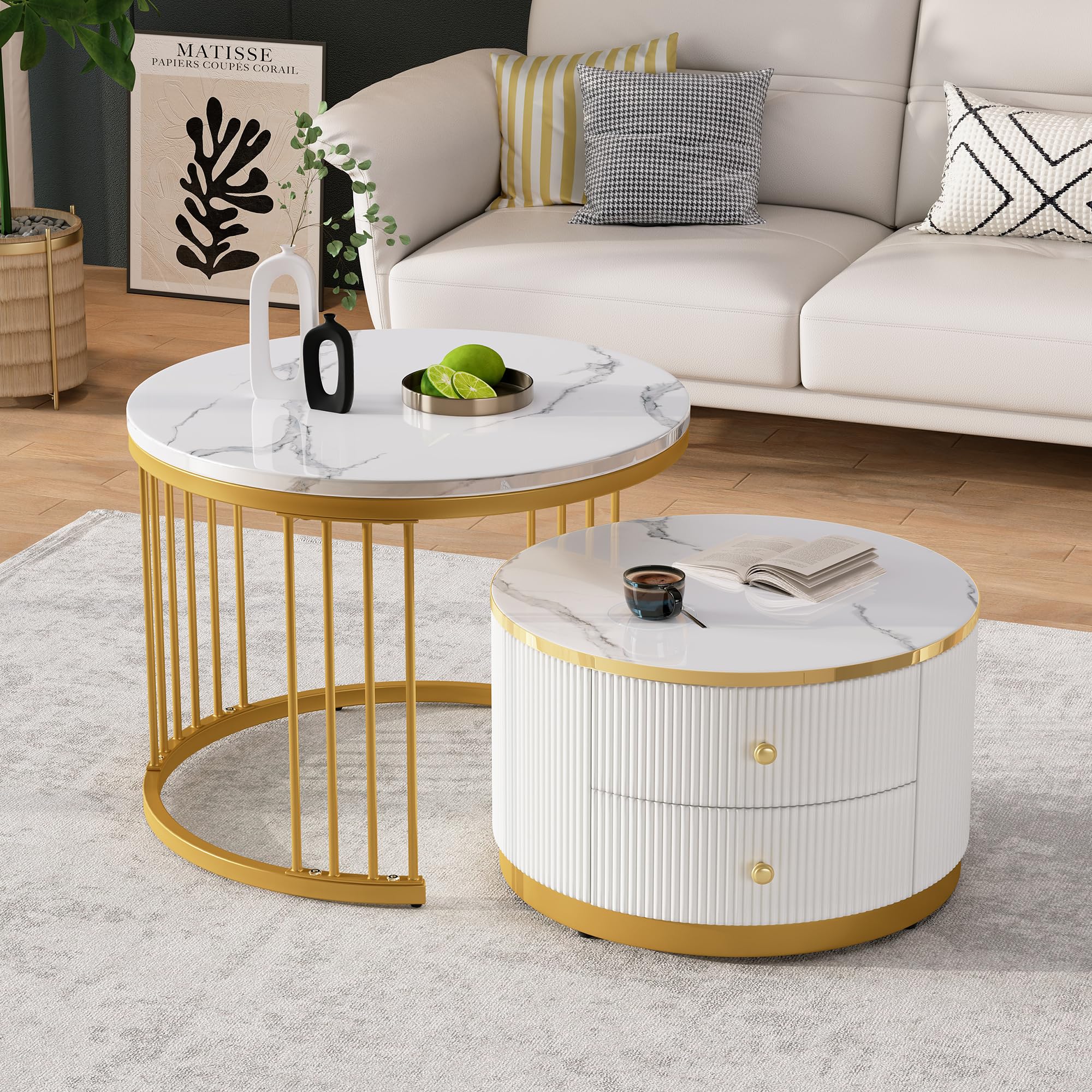 Soweiz Elegantes 2-teiliges, Weißes Couchtisch-Set in Nestform, Runde Tische mit Hochglänzender Marmoroptik, 2 Schubladen, bis 30kg Belastbar,Nesting-Kombination Couchtisch (Weiß+Gold)
