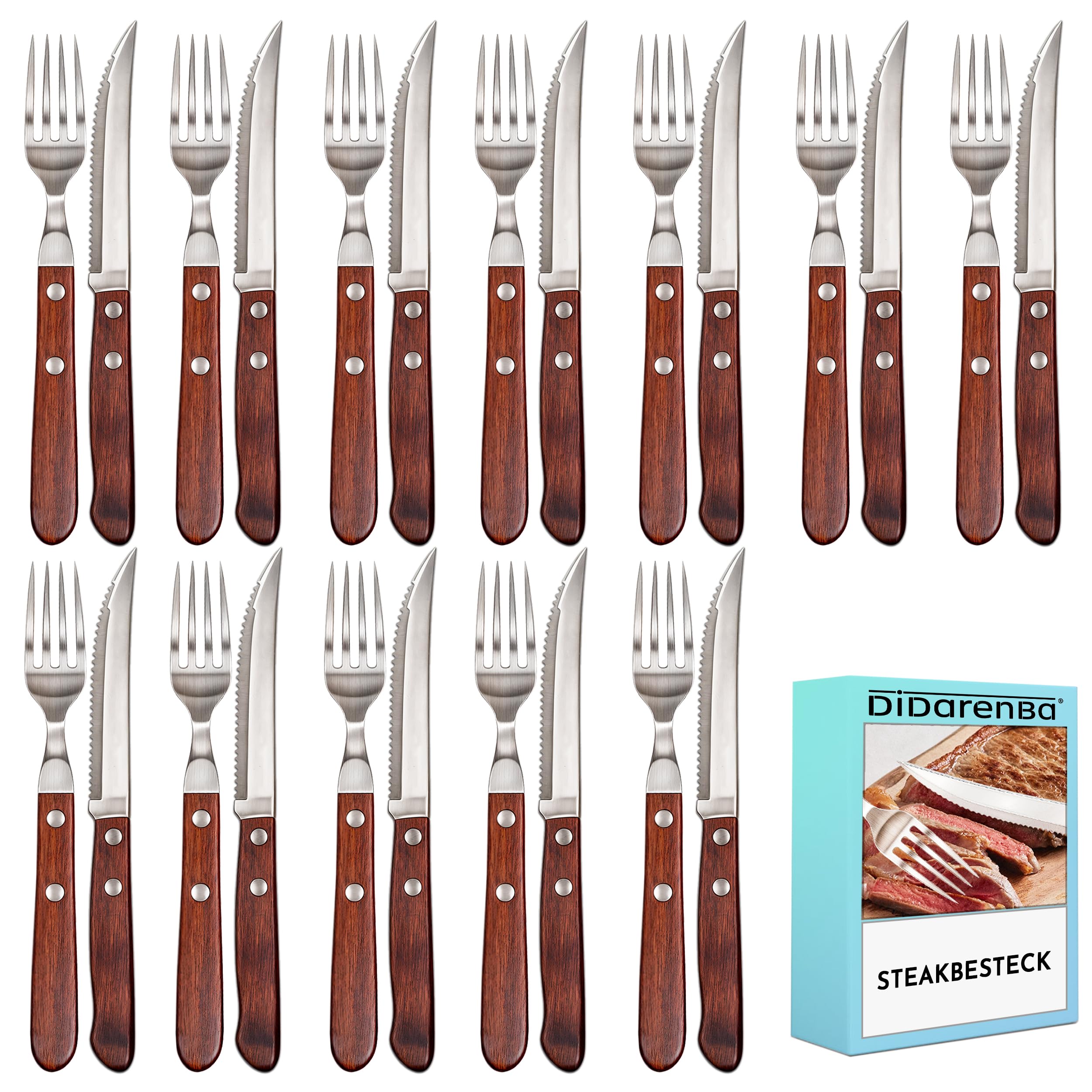 Steakbesteck edelstahl holz set 24 teilig mit 12 teilig Steakmessern und 12 teilig Steakgabeln