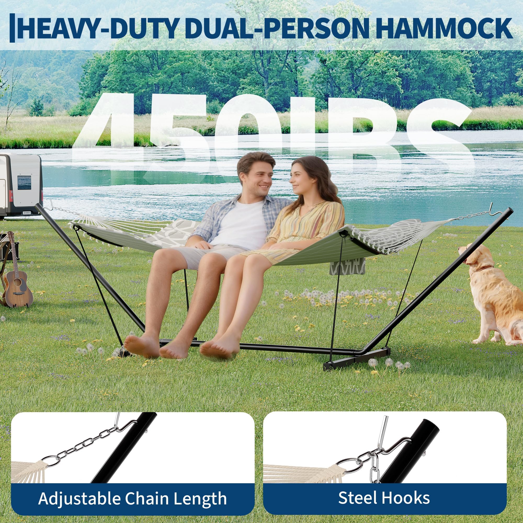 Hamac sur Pied avec Support T et Barres Incurvées en Fer - Hamac Matelassé Plat Gris Clair 365cm, Support Acier Solide 200kg, 2 Places, Jardin Balcon Terrasse Extérieur