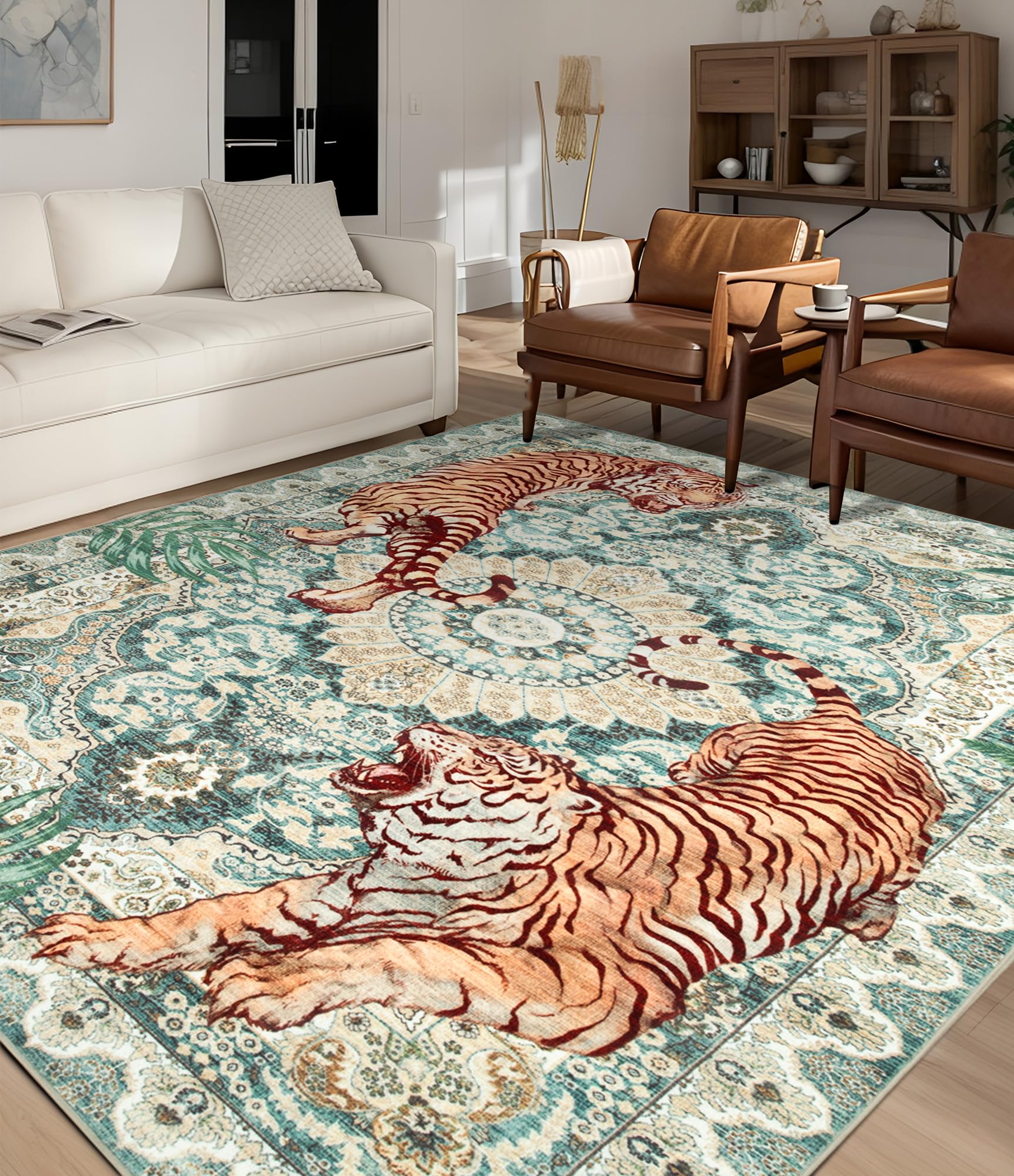 chakme Tiger Green Washable Area Rugs 5’x7’, Soft Bedroom Rug for Living Room Ultra-Thin Non Slip Dining Room Rug, for Nursery, Classroom, Playroom,