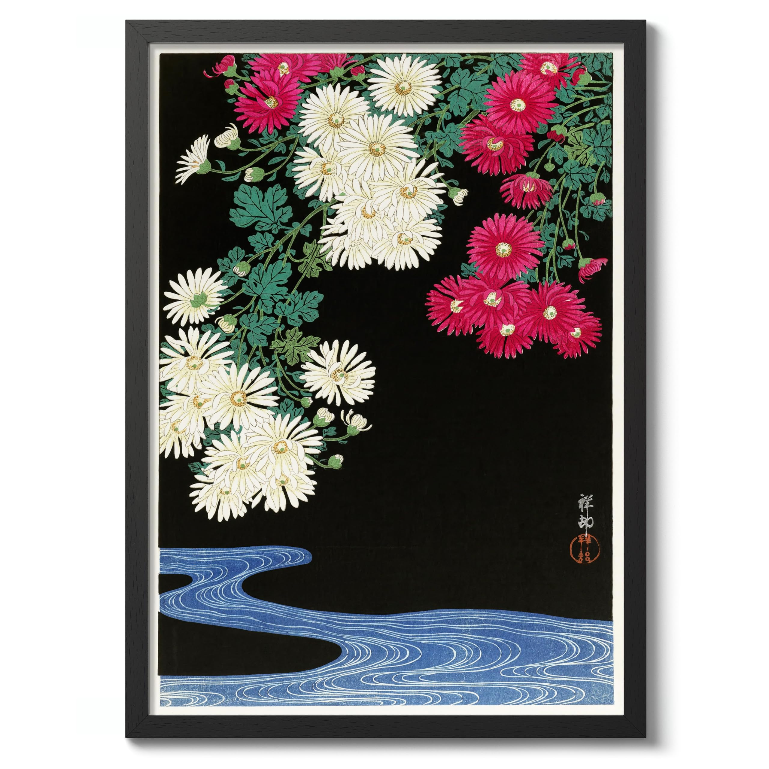 Chrysanthemums Ohara Koson Poster, Japanese Woodblock Ukiyo-E Print, Vintage Nature Art Picture Animal Painting Wall Art Exhibition, Japan Artwork Home Decor, 50x70cm (Black Frame) - 53x73cm