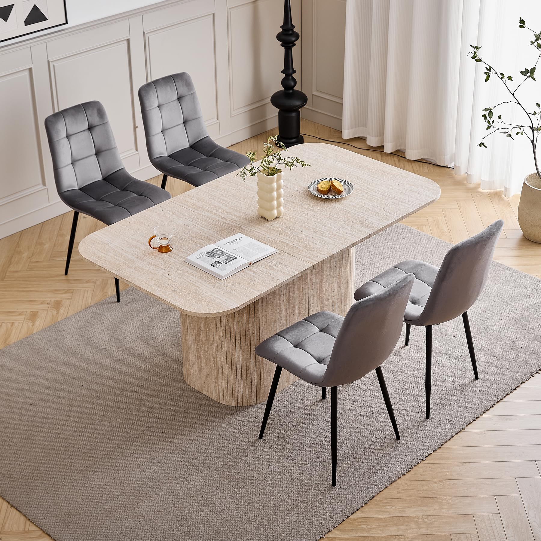 Mesa Comedor Rectangular para 4-6 Personas - 160 x 90 x 75 cm - Tablero de MDF con Acabado en Travertino - Mesa de Cocina con Base Ovalada Elegante, Amarillo Claro
