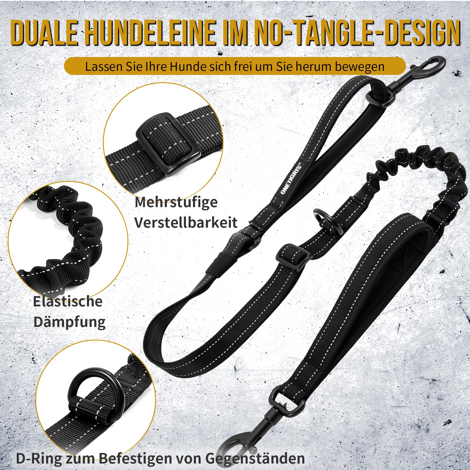 OneTigris Hundeleine, Doppelleine für 2 Hunde mit 4 Komfortabler Griff