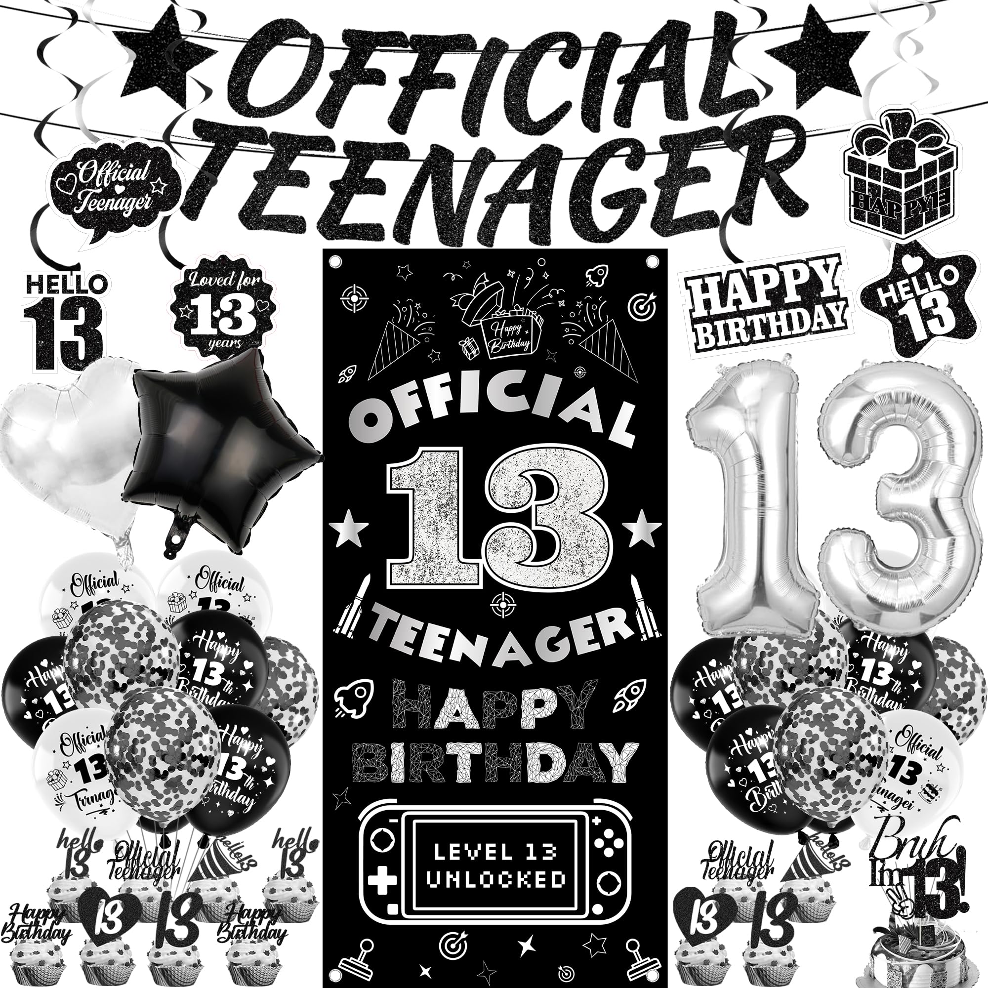 13th Birthday Decorations Boy Set - 44 Pcs Black Silver Official Teenager Decorations Including Banner, Backdrop, Number 13 Balloon, Hanging Swirls and Latex Balloons for 13 Years Old Party Supplies