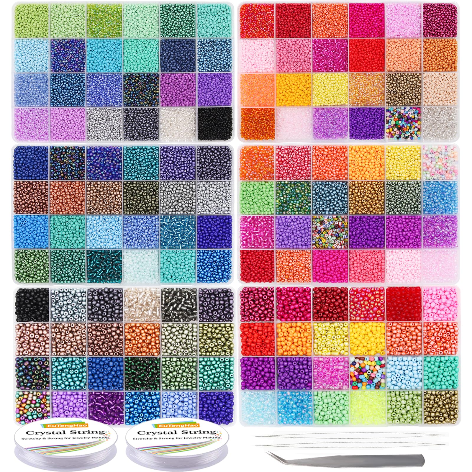 EuTengHao Seed Beads Craft Beads for DIY Bracelet Necklaces Crafting Jewelry Making Supplies with Beading Needles Elastic Strings (144 Colors, 2mm&3mm&4mm)