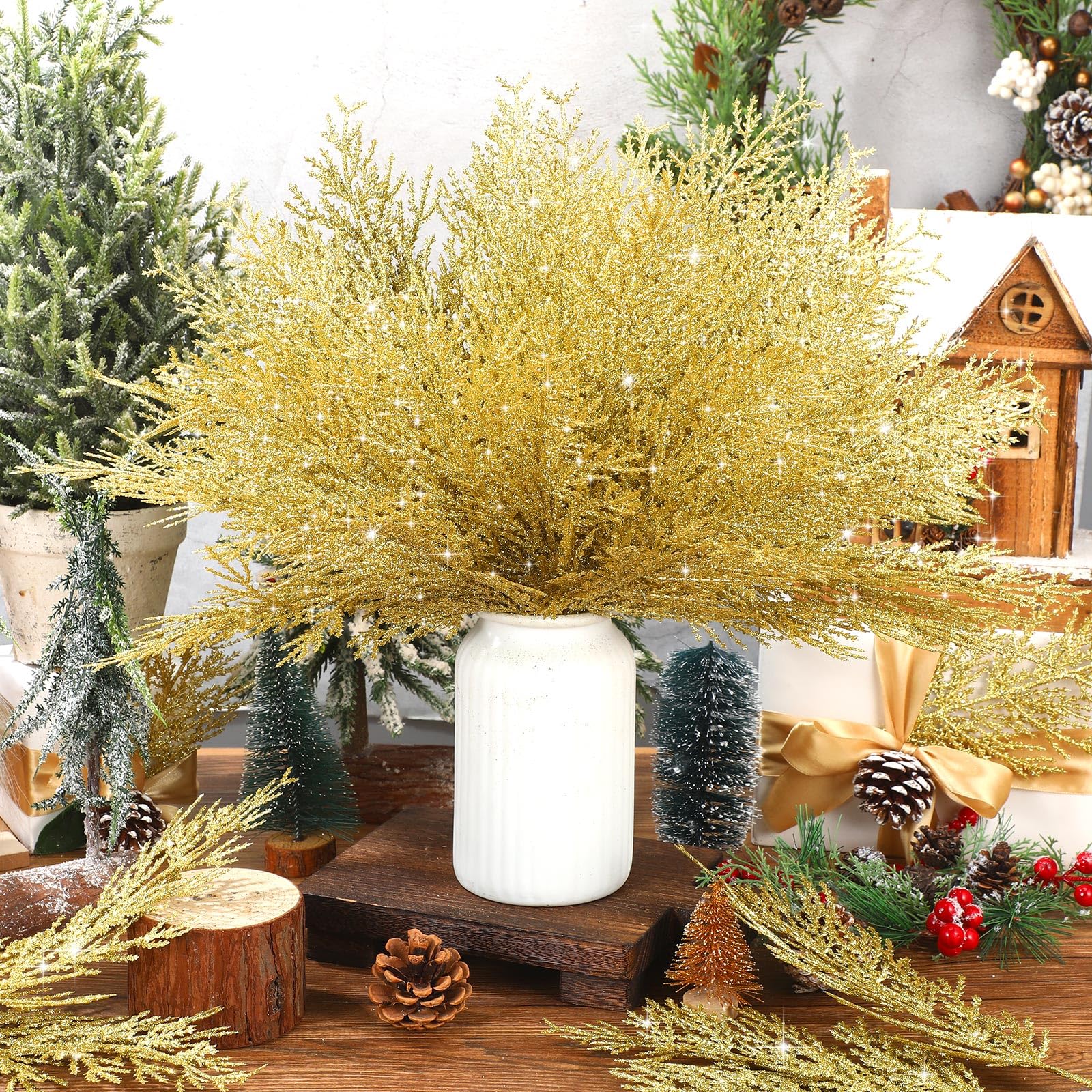 OUNONA Lot De 12 Branches De Pin Artificielles à Paillettes