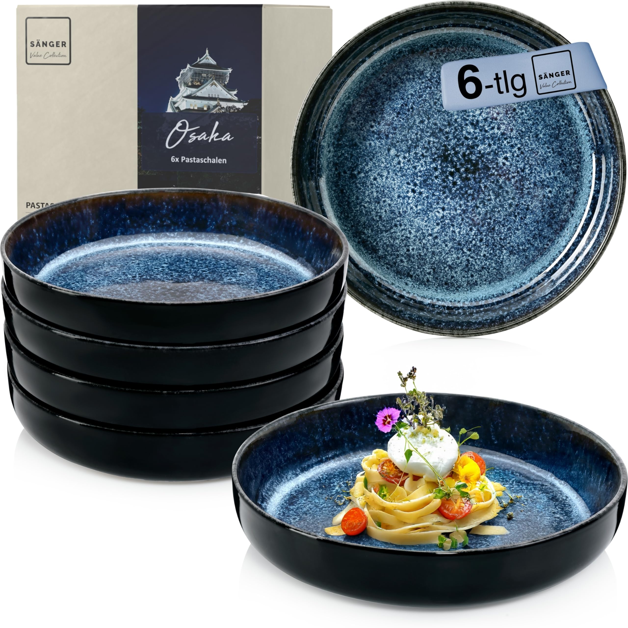 SÄNGER Osaka | Steingut Pastaschalen 6 tlg, Nudel Schalen Set 6 Personen, Schüssel Set spülmaschinenfest mikrowellenfest kratzfest, große Schüssel blau mit schwarzem Rand 800 ml | VALUE COLLECTION