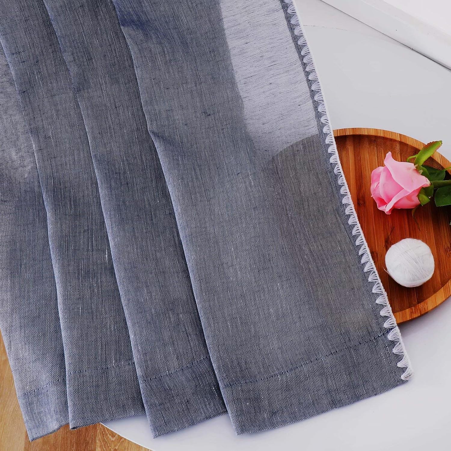MISS SELECTEX Natural Linen Sheer Curtains - Bordered Semi-Sheer Drapes Textured Grommet Top Voile Window Curtains for Bedroom and Living Room, Denim Blue, 52x63 inches Long, Set of 2 Panels