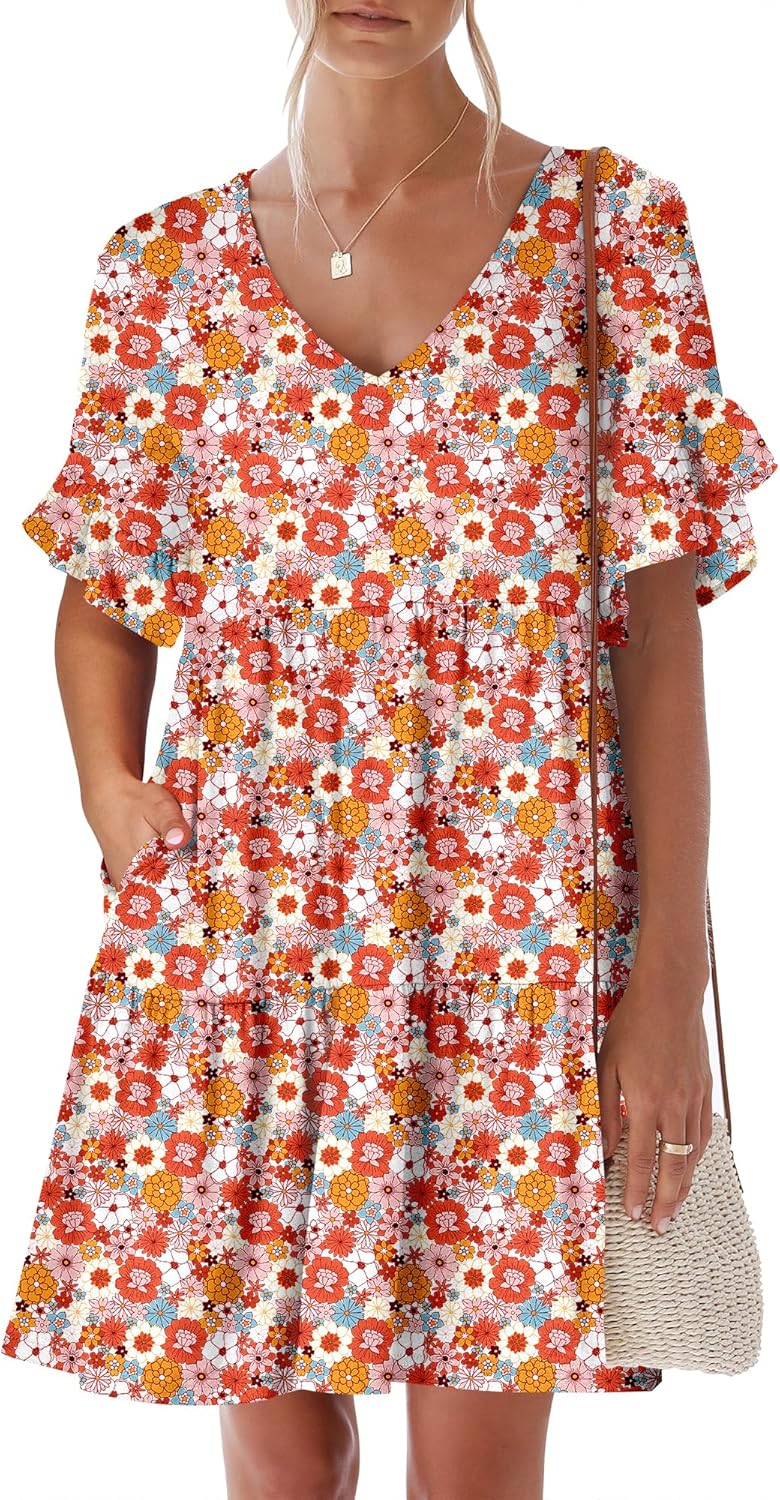 ANRABESS Dresses for Women Summer 2026 V Neck Ruffle Sleeve A Line Tiered Flowy Casual Trendy Mini Beach Dress with Pockets