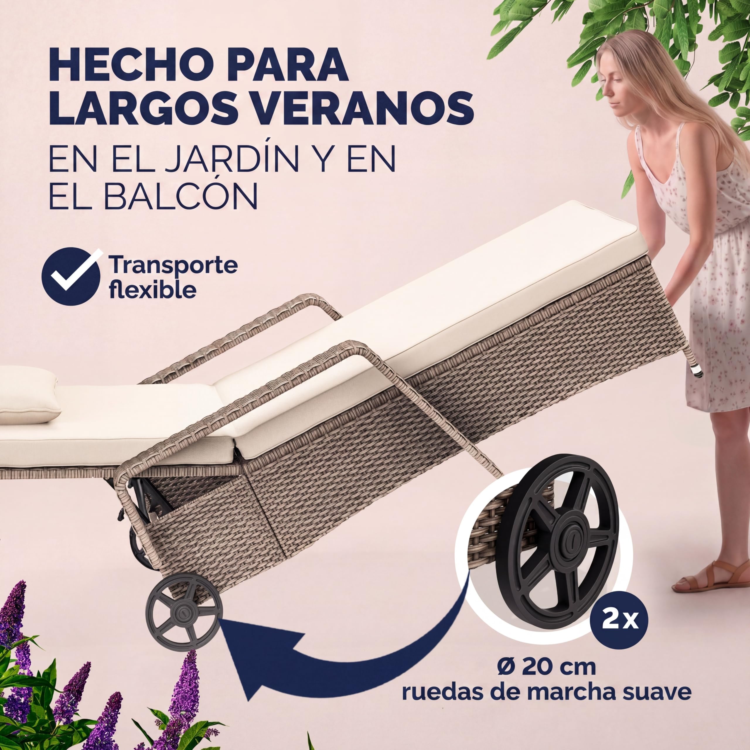 CASARIA® Tumbona Jardín Poliratán hasta 160kg 193x90cm Respaldo Regulable Acolchado 7cm Cojín 2 Ruedas Crema | Tumbona de jardín, resistente a la intemperie, soporta 165 kg, terraza, balcón, tumbona reclinable, polirratán
