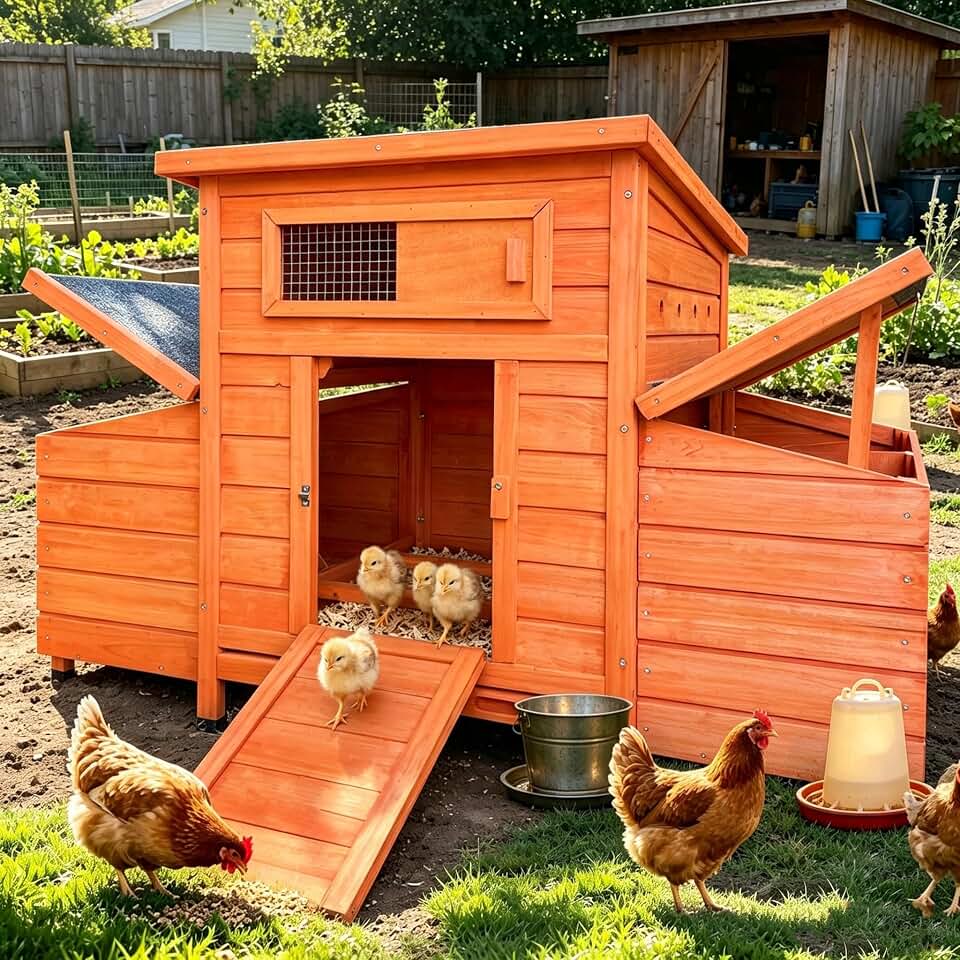 Poulailler résistant à l'hiver, Poulailler en Bois avec 4 pondoirs, Poulailler 3-4 Poules, Toit isolé et bac à déjections galvanisés, Facile à Nettoyer (Doré avec 4 nichoirs)