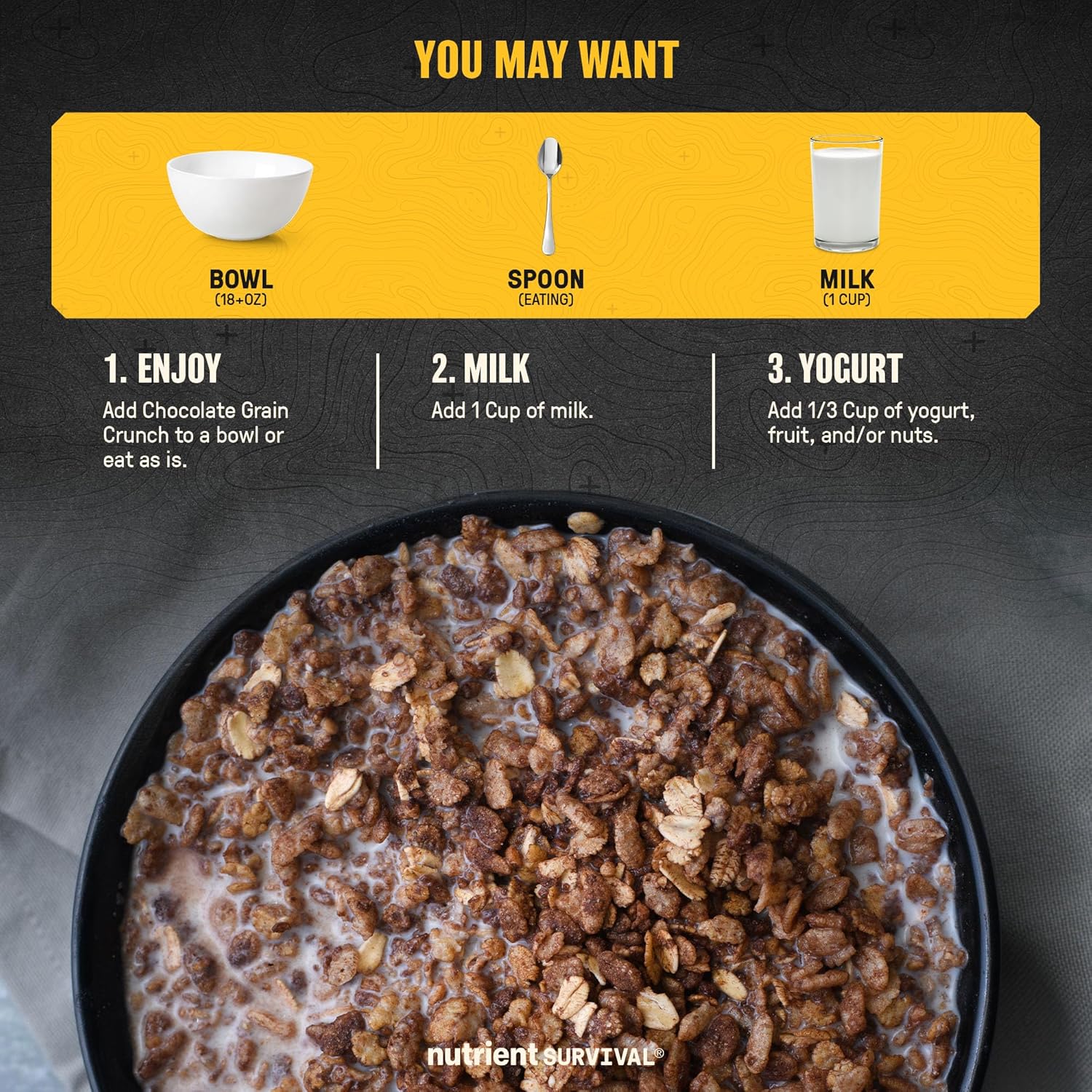 Nutrient Survival MRE Cereal, Chocolate Grain Crunch (12 Servings) Freeze Dried Prepper Supplies & Emergency Food Supply, Dairy & Gluten Free, Shelf Stable Up to 25 Years, One Can