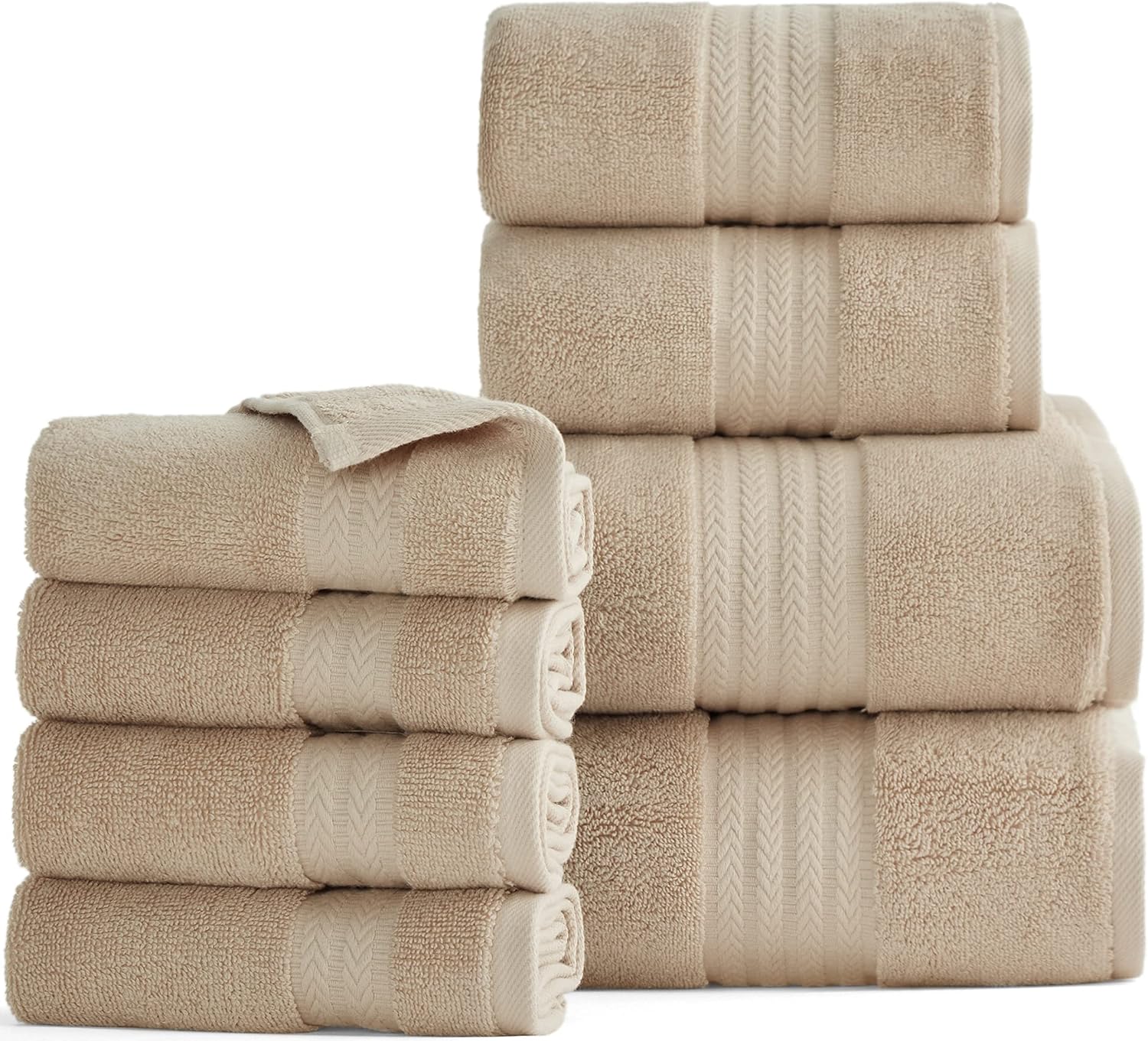 Bedsure Cotton Beige Bath Towels - 600 GSM 100% Turkish Cotton Quick Dry Hotel Collections Towel Sets Luxury Soft Absorbent Towels for Bathroom, 2 Bath Sheets, 2 Hand Towels, 4 Washcloths