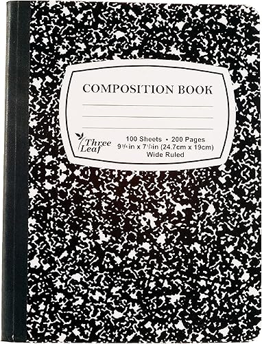 three leaf 100 hojas de cuaderno de composición con rayas anchas de 9-34 x 7-12 pulgadas, paquete de 1, cuaderno de escritura, suministros escolares