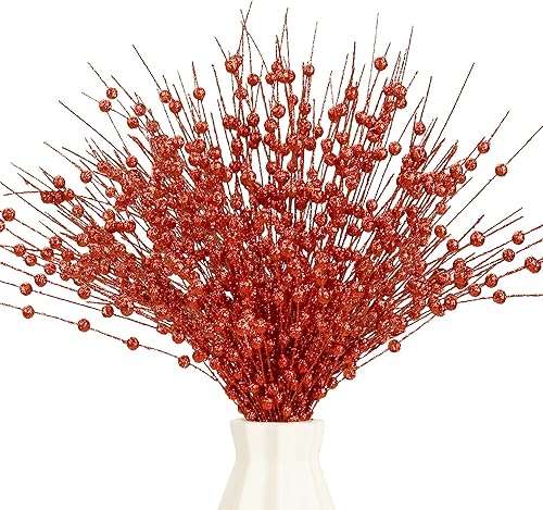 Megoogo 12 piezas de bayas artificiales con purpurina, púas rojas de Navidad, adornos de bayas artificiales, tallo de Navidad falso, varillas