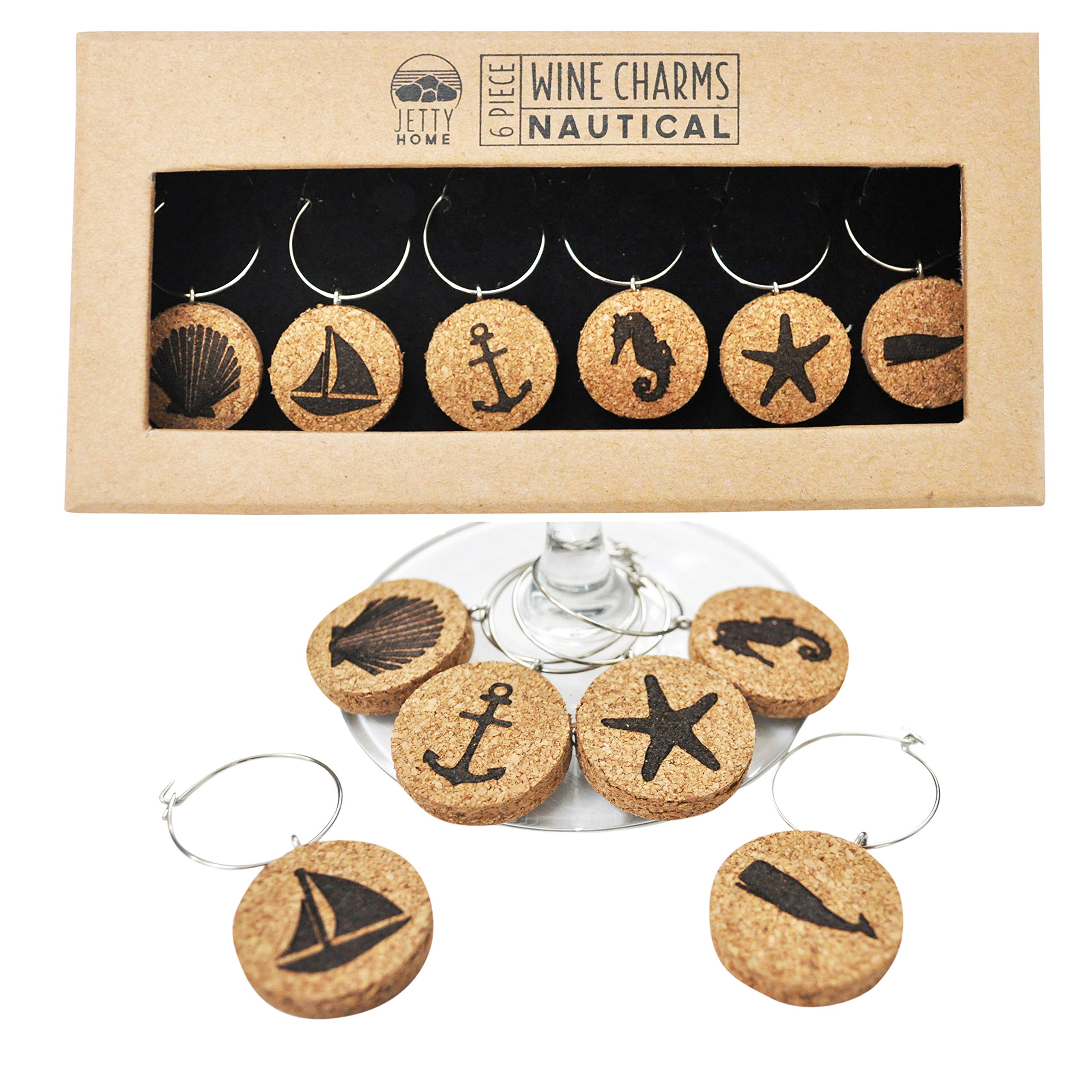 6 Piece Nautical Beach Wine Glass Charm Gift Set, Cork