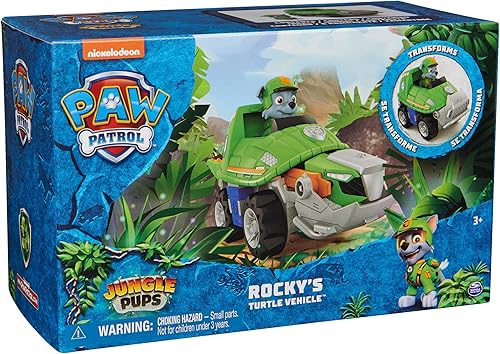 Miniatura 8 de Paw Patrol Jungle Pups, Rocky Snapping Turtle Vehículo, camión de juguete con figura de acción coleccionable, juguetes para niños y niñas a partir