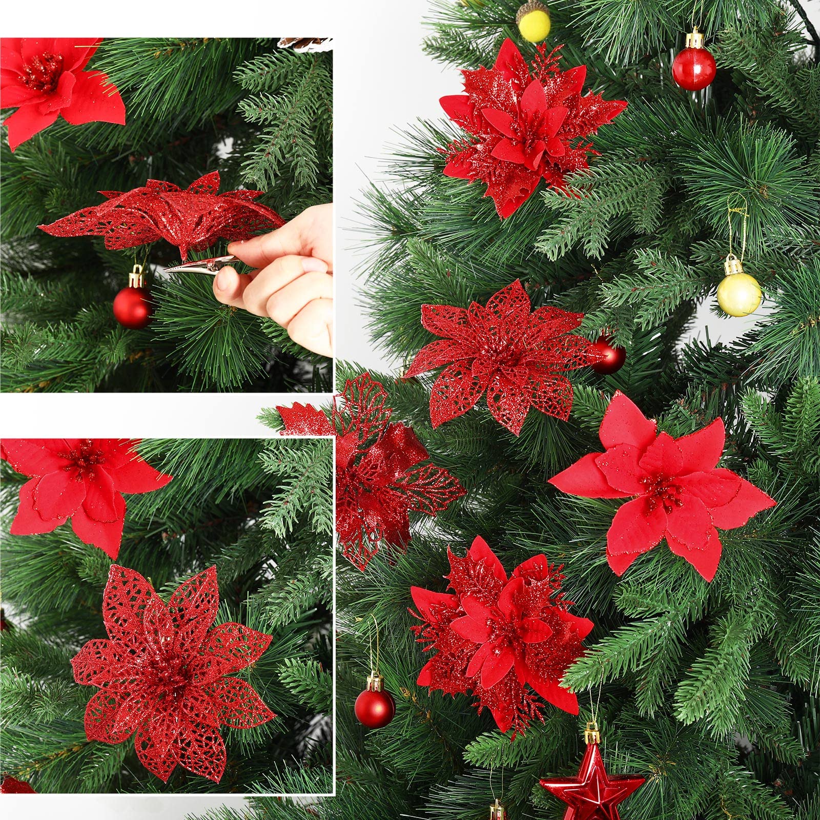 Whaline 24 Stück Weihnachtssterne mit 24 Clips, 4 Designs, rote Glitzerblumen, künstlicher Weihnachtsstern, Dekoration für Weihnachtsbaum, Ornament, Hochzeit, Dekoration, Winterpartyzubehör