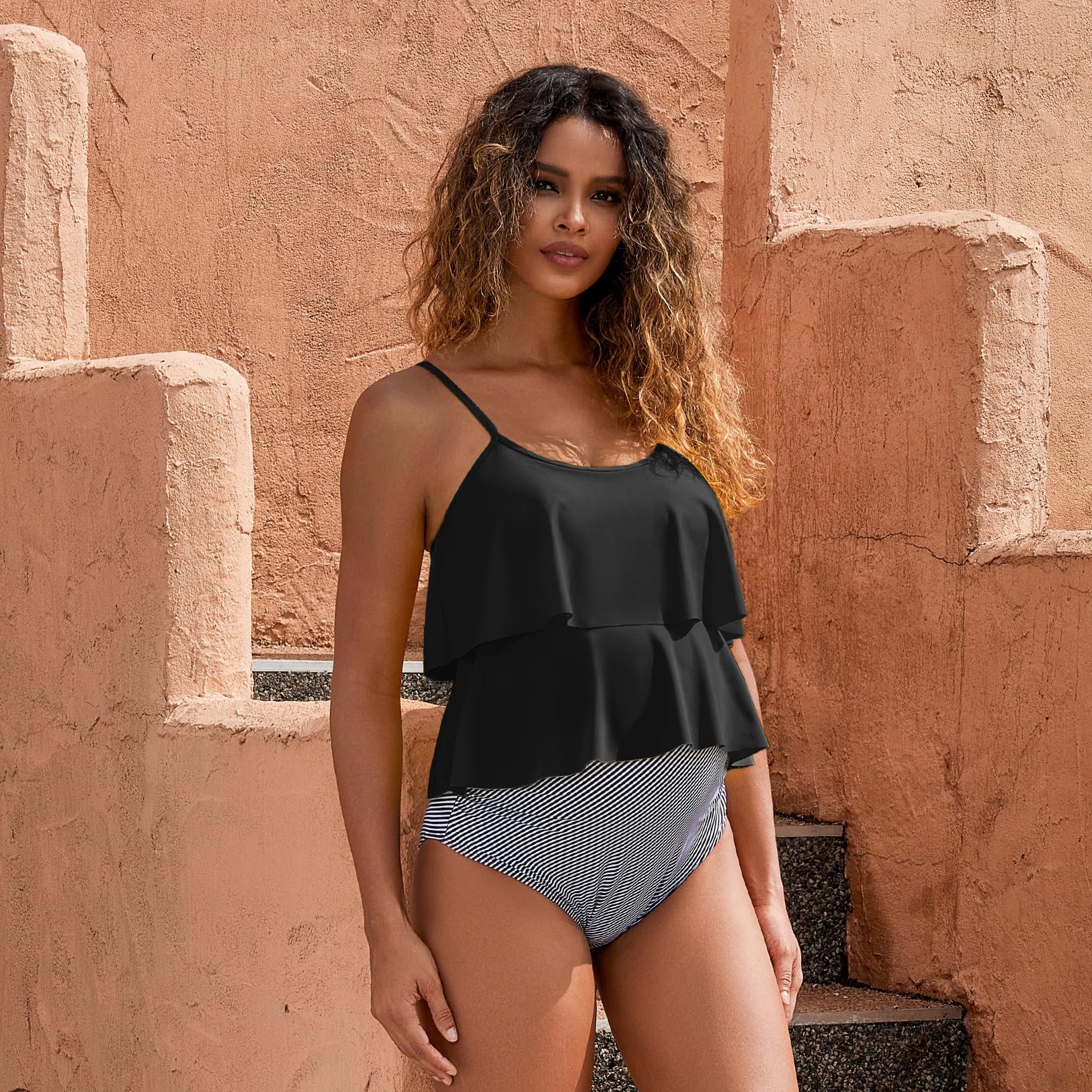 GINKANA Maillot de bain tankini 2 pièces pour femme - Ourlet à volants - Double ourlet à volants