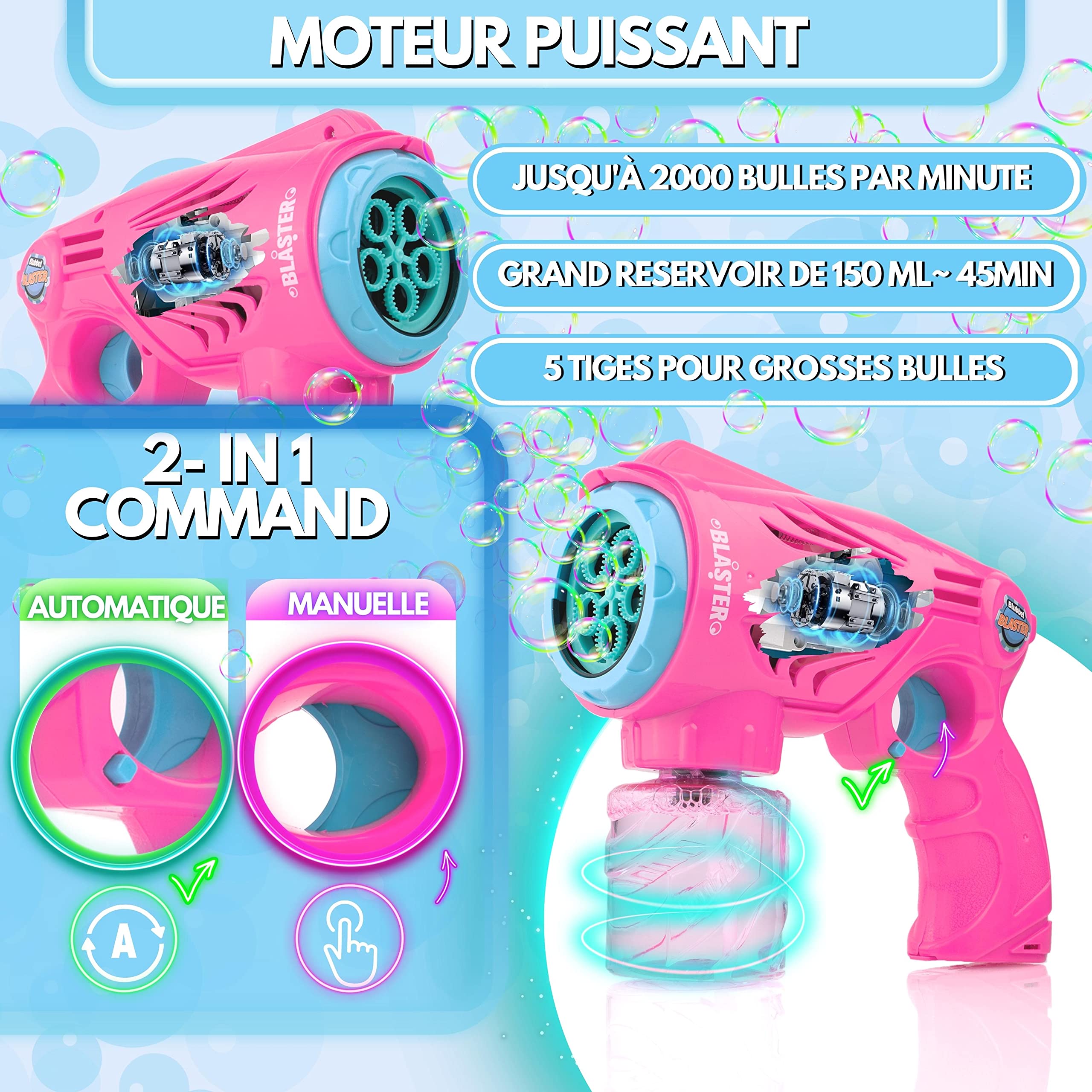 Lot De 2 Pistolets à Bulles électriques LED - Enfants 4-12 Ans - Réservoir Grand Capacité & Automatique