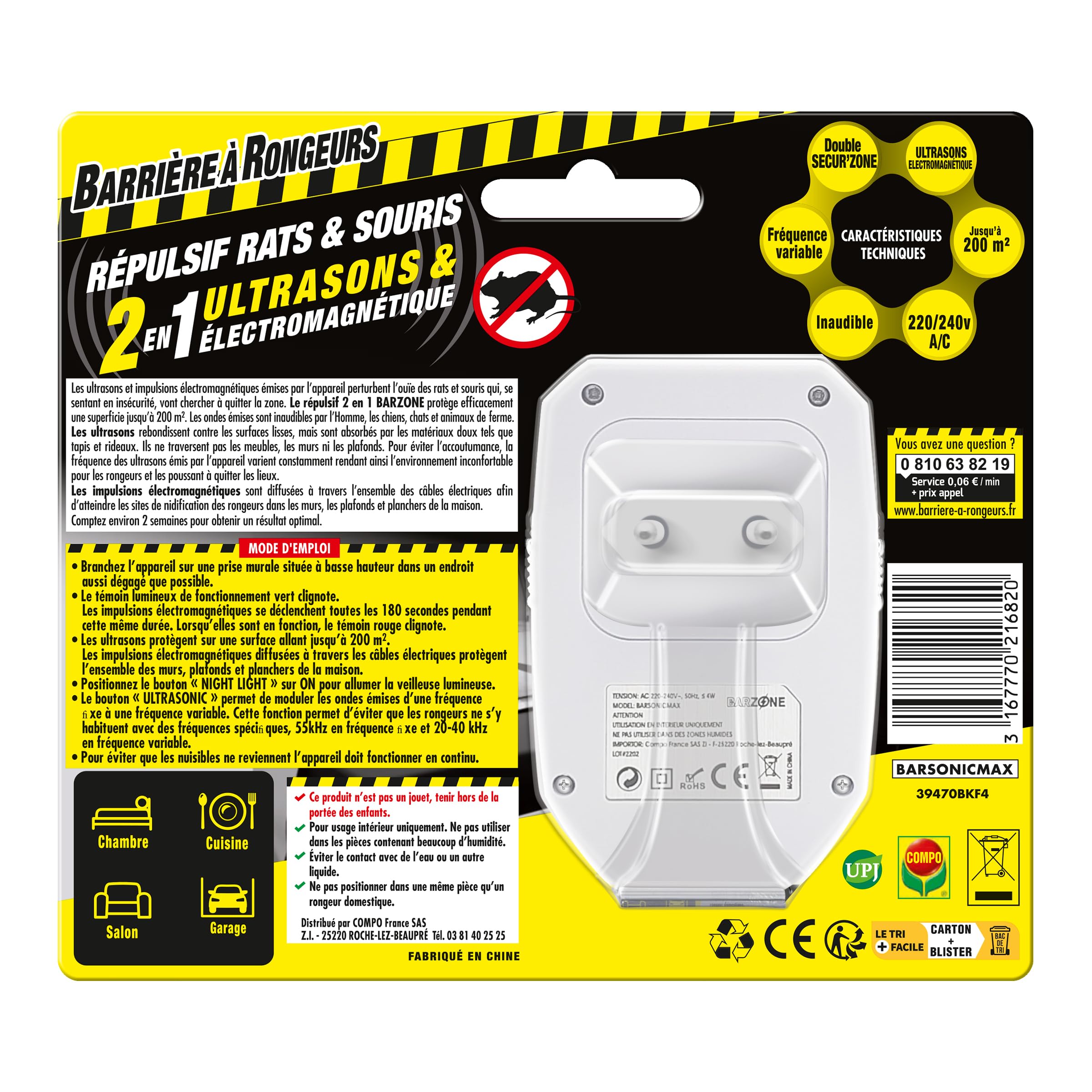 BARRIERE A RONGEURS Répulsif ultrasons & électromagnétique Rats et Souris - Blister de 1 Appareil, Nicht Zutreffend