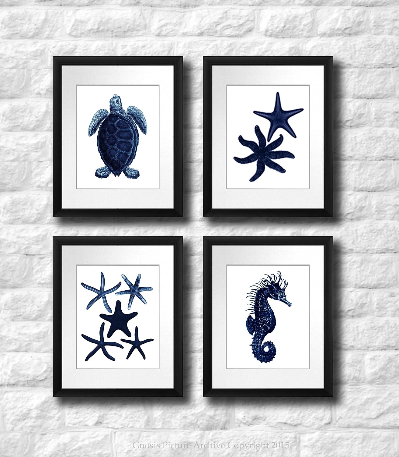 Gnosis Picture Archive Dark Navy Blue Beach Wall Decor Set of 4 Unframed Seahorse Starfish Beach Bathroom Art Prints