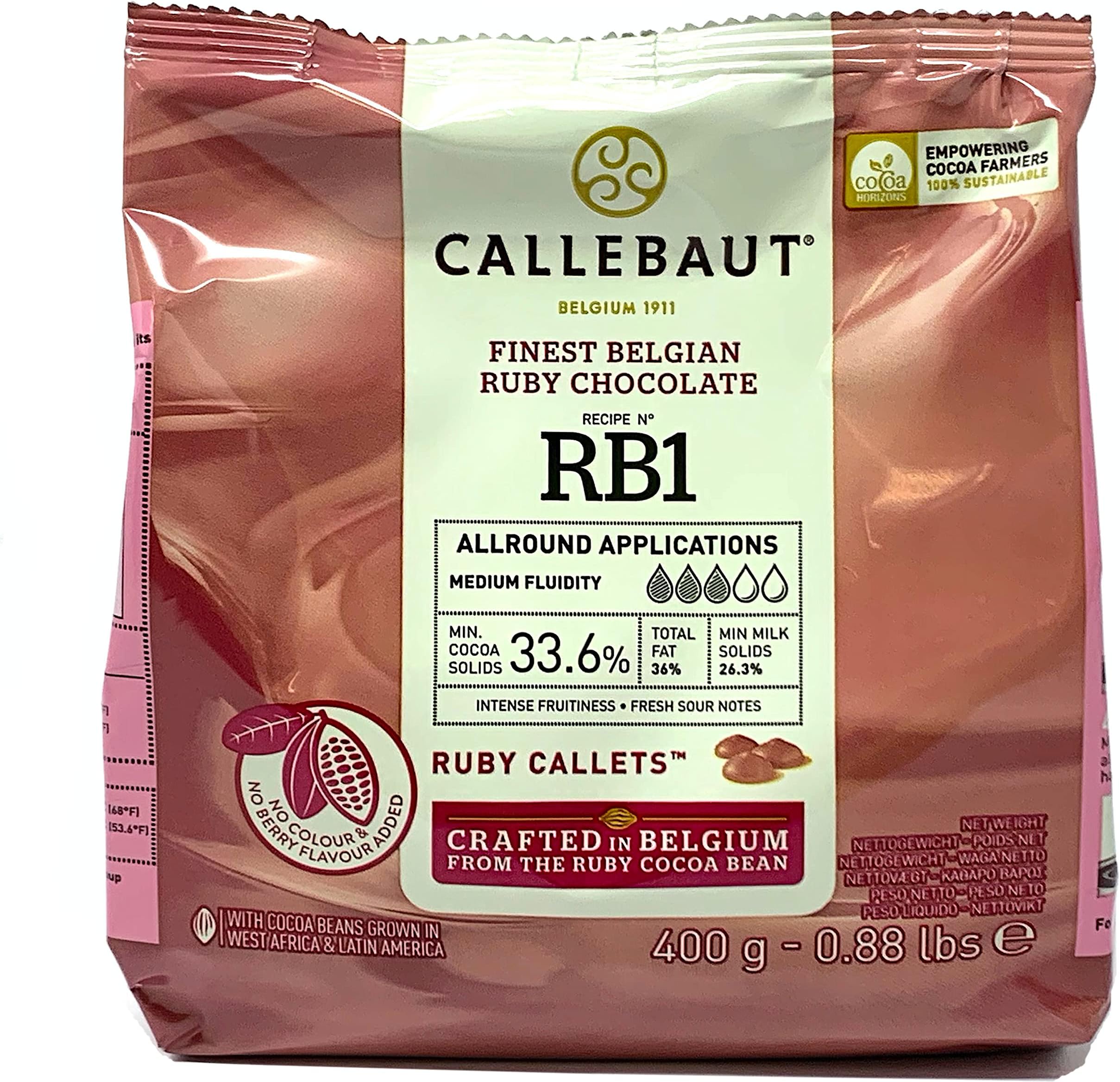 Callebaut | Ruby Chocolate | Recipe N° RB1 (33.6%) | Finest Belgian Chocolate for baking, desserts, patisserie and chocolatier applications | 400g