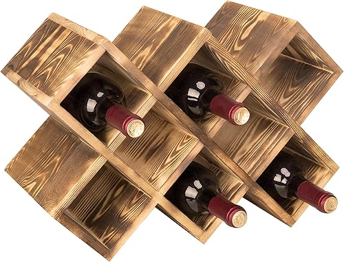 MyGift Soporte para botellas de vino de madera maciza marrón rústico con diseño geométrico de escotilla cruzada, pantalla vertical u horizontal,