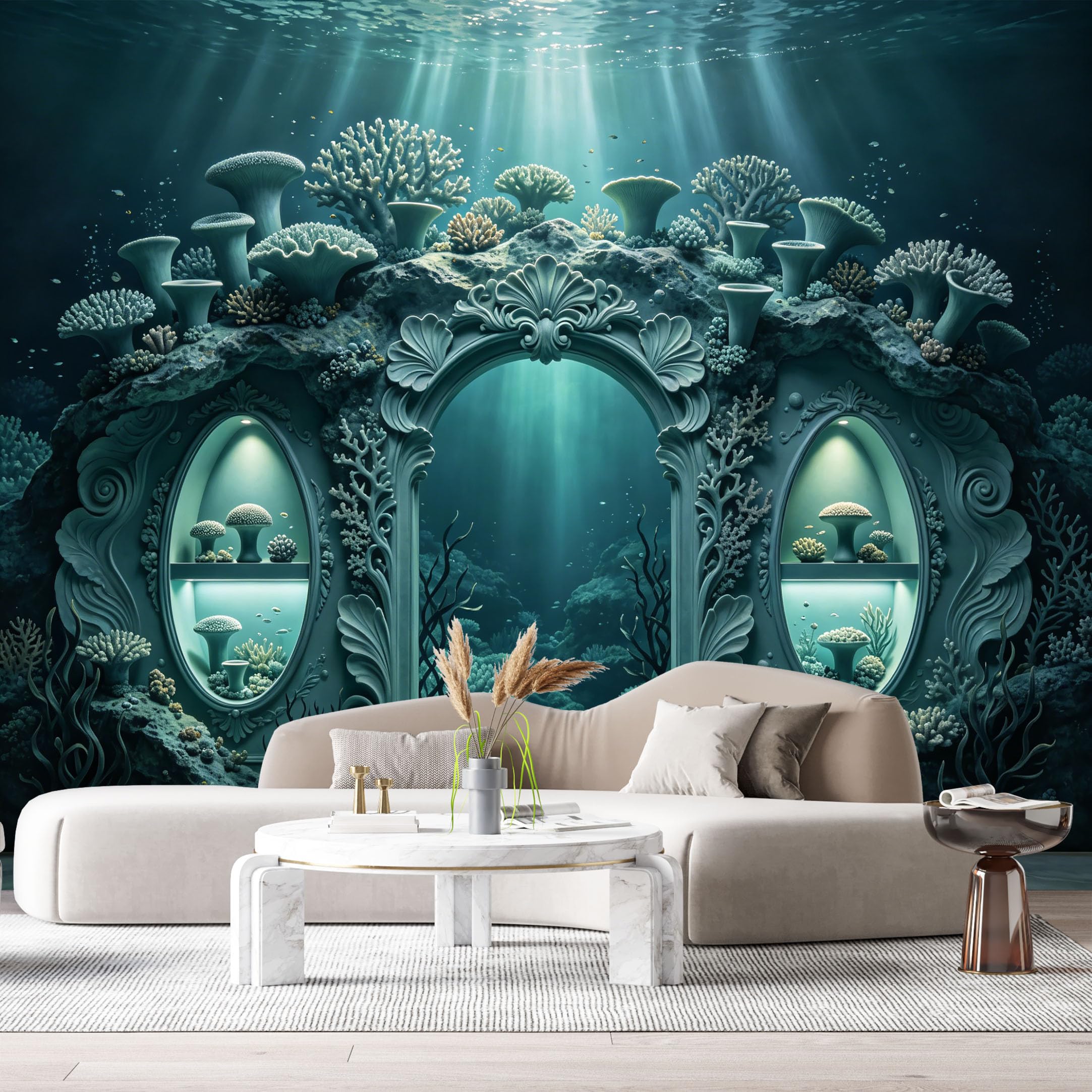 Custom Size Wall Murals Fantasy Underwater Ocean Temple Coral 3D Trompe L'Oeil SelfAdhesiveWall Fabric Removable Wallpaper Wall Decor for Living Room Bedroom Bathroom