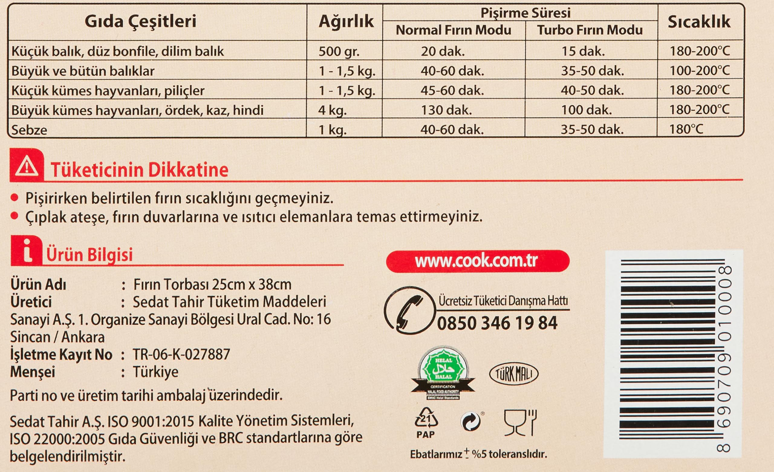 Cook Fırın Torbası, Standart Boy, 25 x 38 cm, 8 Yaprak, Polyester Telli