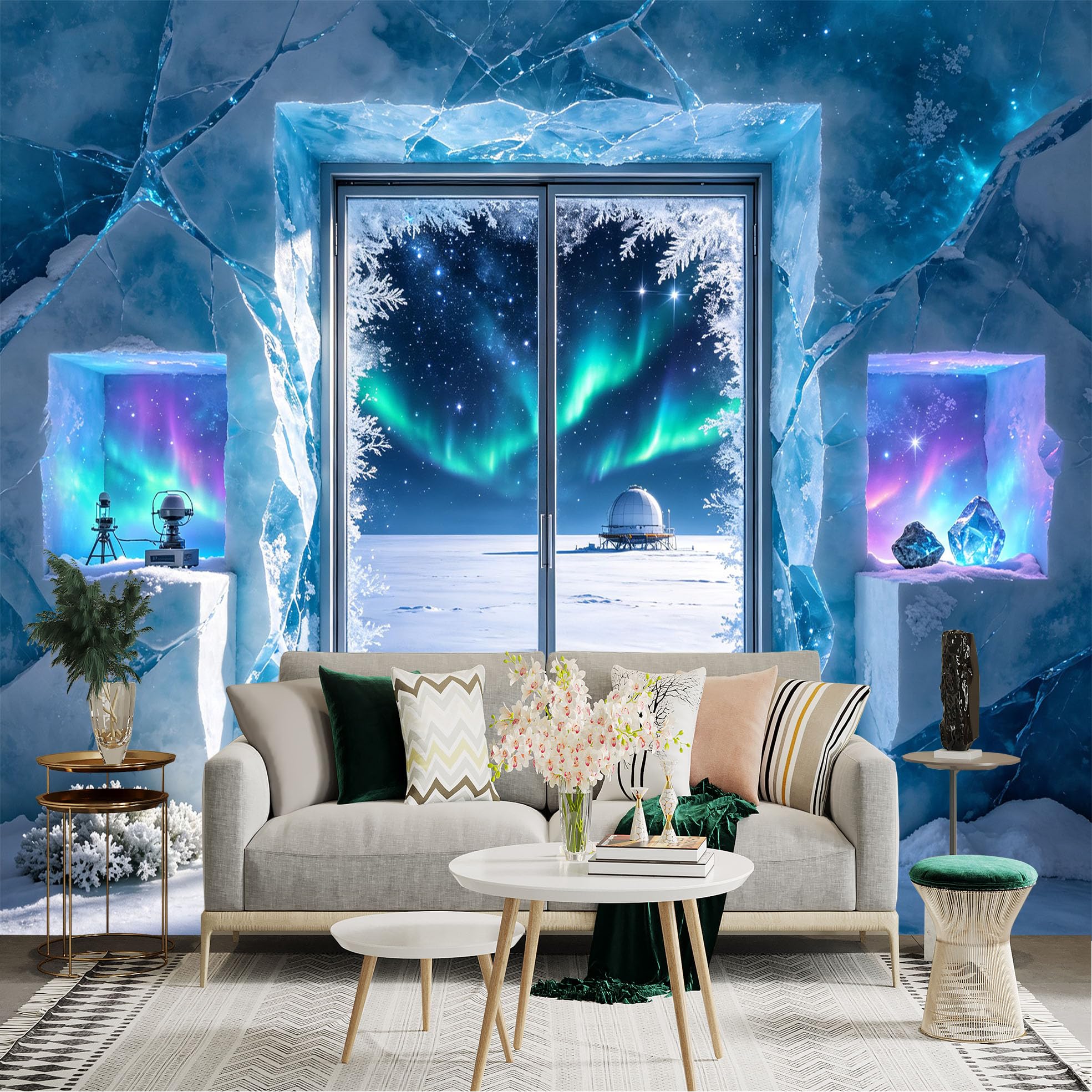 Lnzczhyre Bh260719341 Custom Size Wall Sticker Mural， Frozen Ice Cave View， Polar Arctic Landscape， Aurora Borealis Night Sky， Snowy Winter Scenery， For Wall Decoration， Peelandstick Wall Decals.