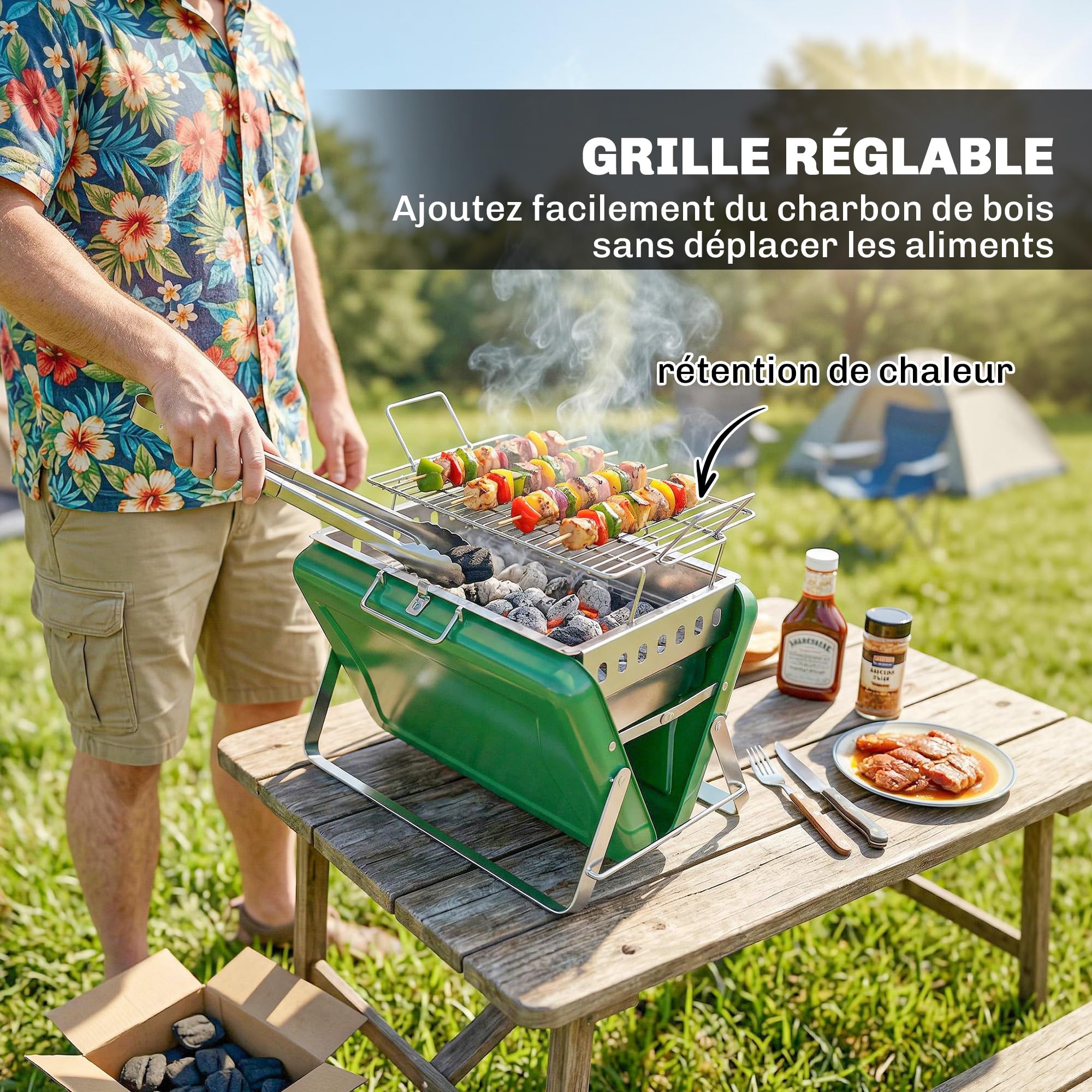 Outsunny Barbecue au Charbon de Bois Pliable Barbecue Portable Vert Foncé