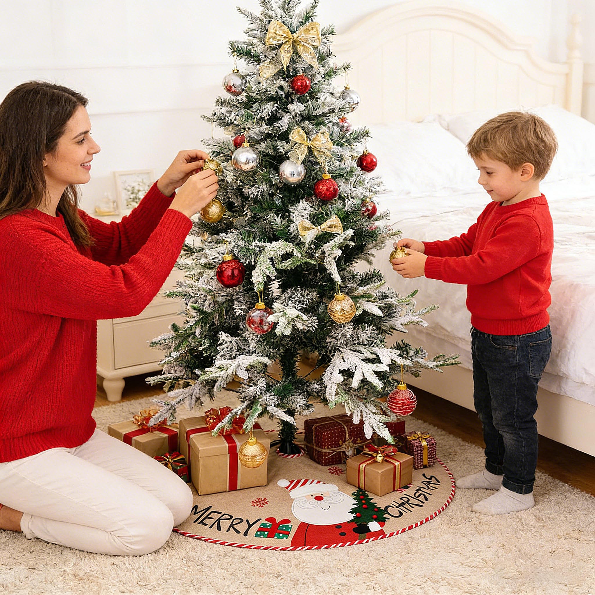 Faldas árbol de Navidad, Estera de árbol de Decoración Roja de Navidad de 42"con Cuadros Rojos para Decoraciones Navideñas, para Tejer Flores de Nieve, Alce, Rojo, Falda para árbol de