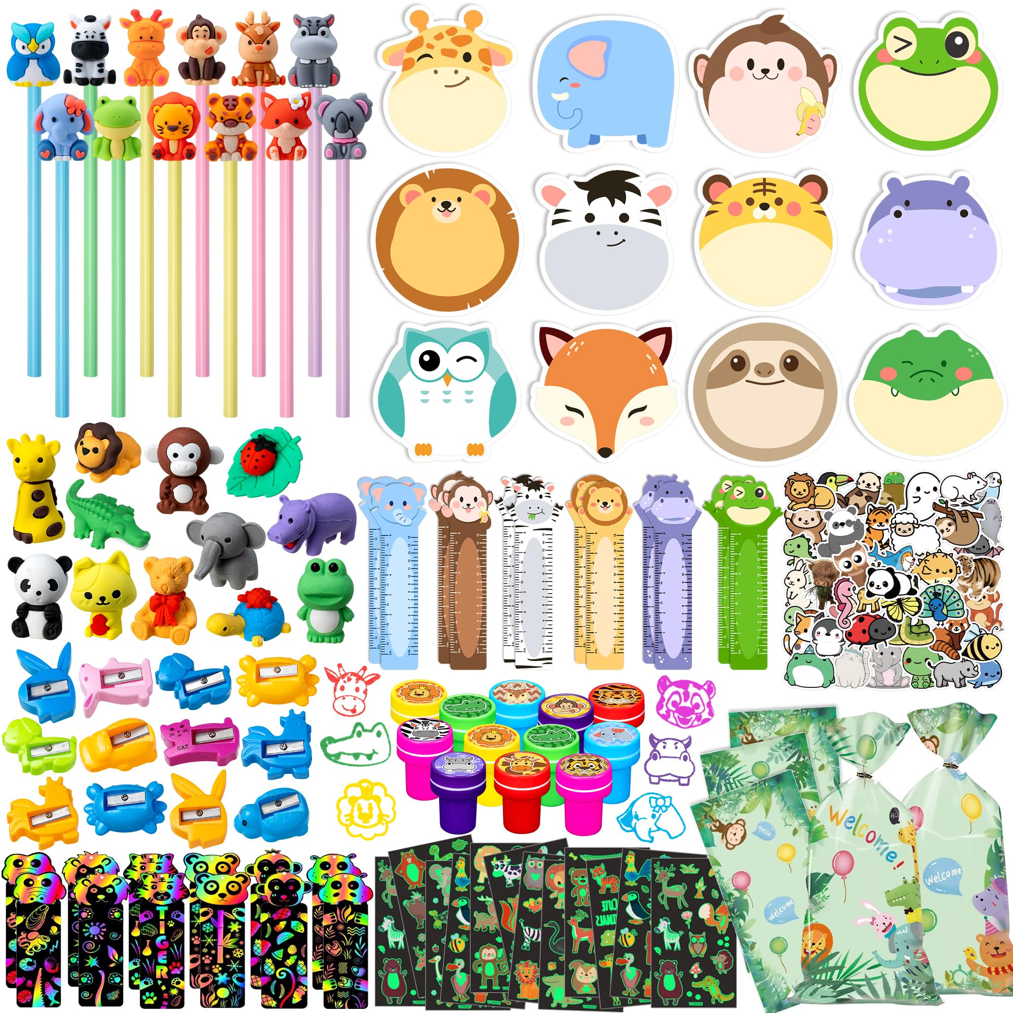 DMIGHT 158Pcs Jungle Safari Animal Party Favors, School Stationery Set, Classroom Birthday Gifts for Students, Wild One Party Favors, Goodie Bags