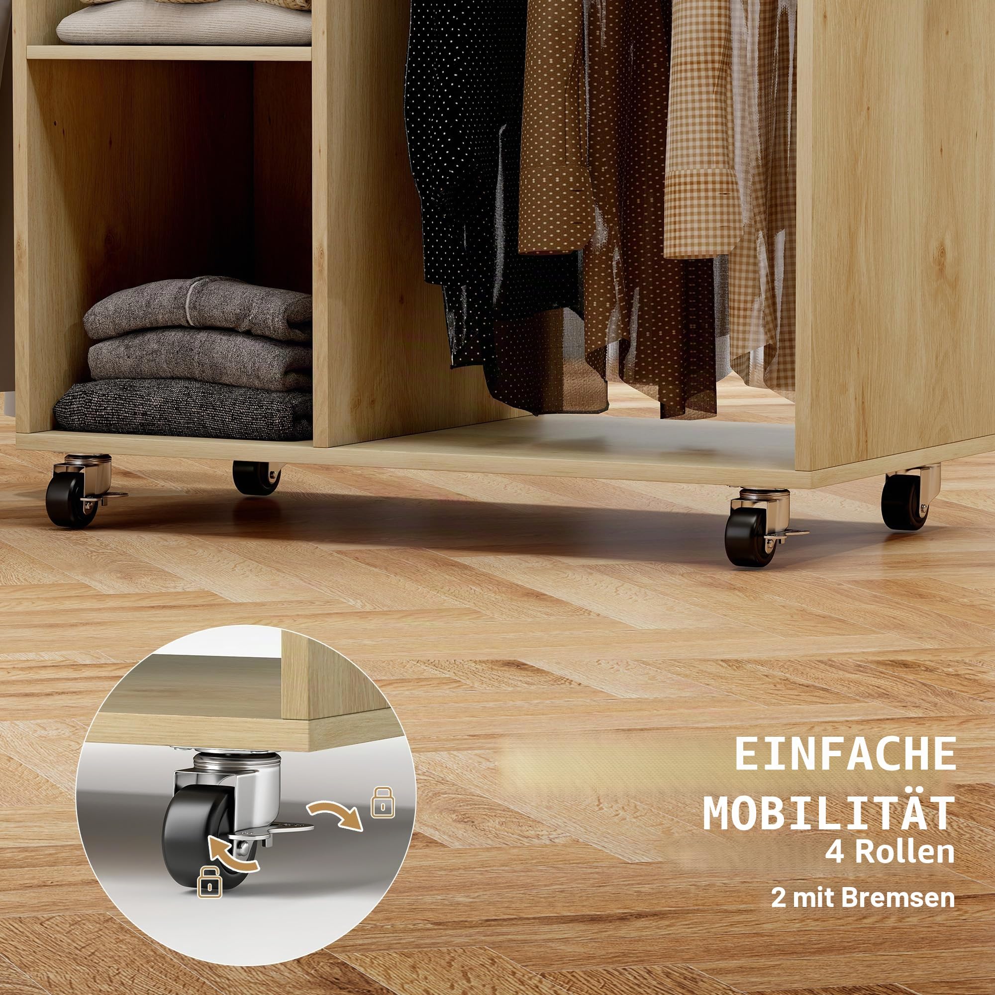 HOMCOM Bügelschrank aus Holz, Bügeltisch mit Rollen, Kleiderstange, offenes Regal, für Wohnzimmer, Schlafzimmer, 125 x 43,5 x 102,5 cm, Naturholz