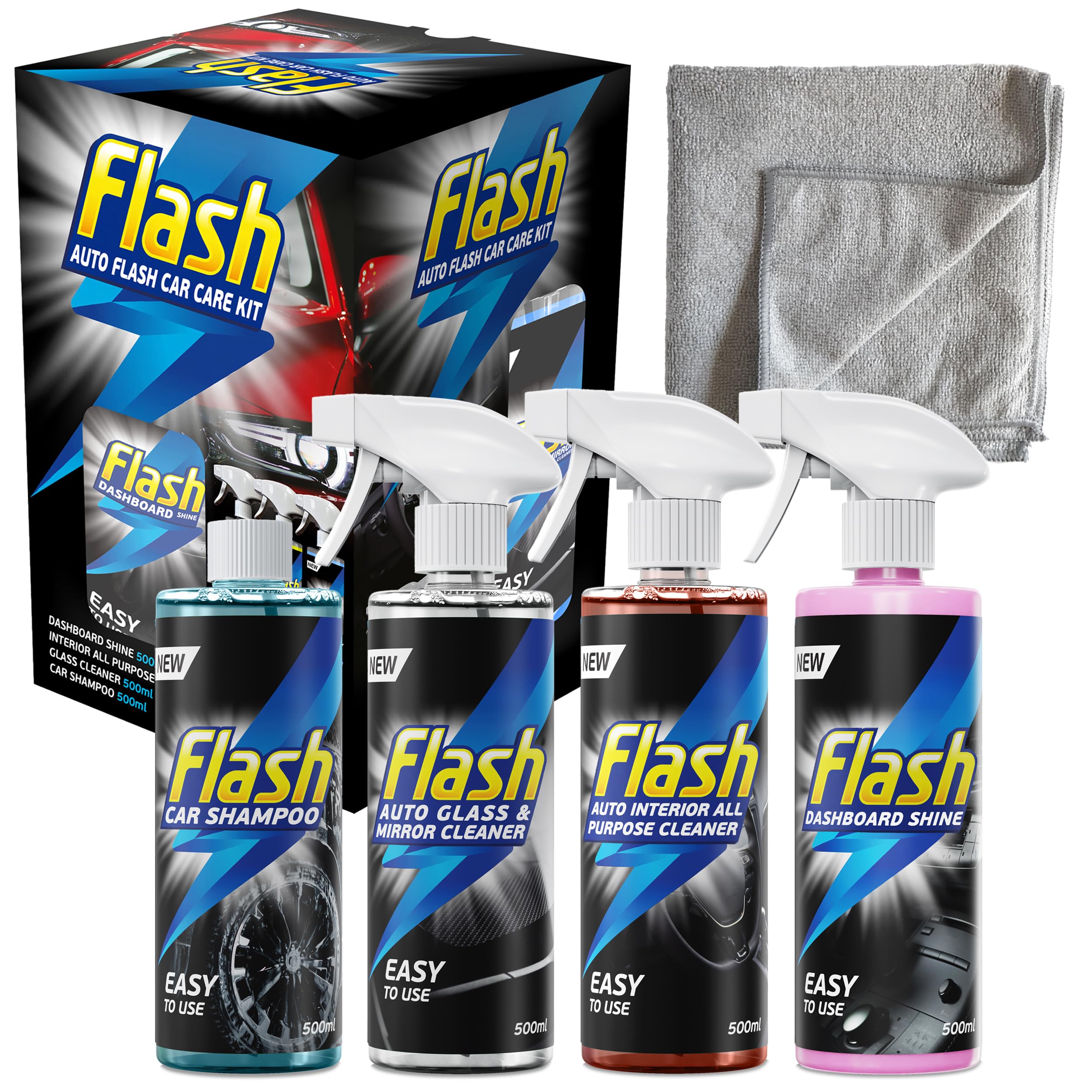 Flash Car Care Car Cleaning Kit (4x500ml) – Complete Care Kit with Interior Cleaner, Shampoo, Glass & Window Cleaner & Dashboard Shine