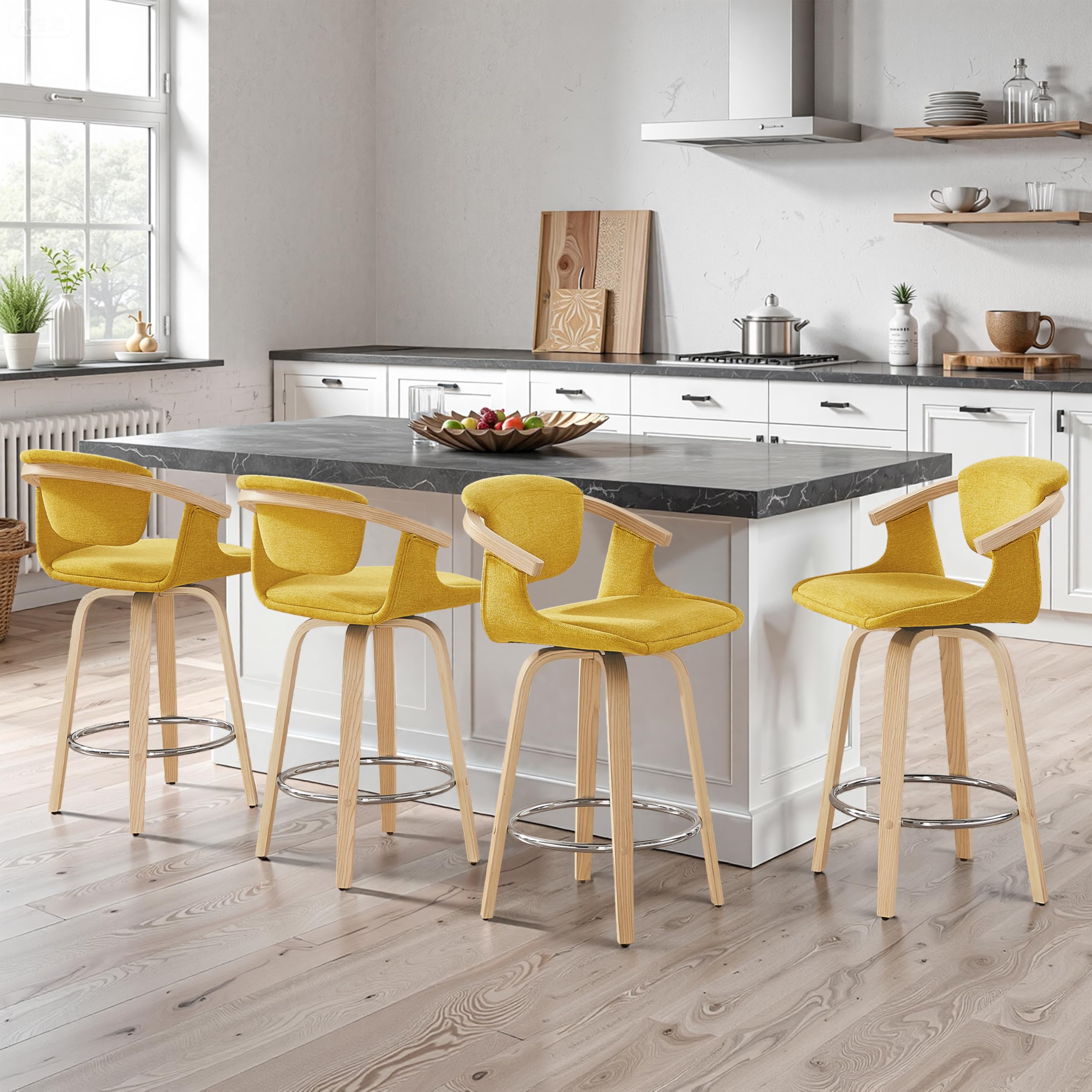 Zouron Set di 2 sgabelli da bancone in legno (noce), sgabelli da bar girevoli con schienale (poliestere), sgabelli da bancone, per isola cucina, bar, Giallo