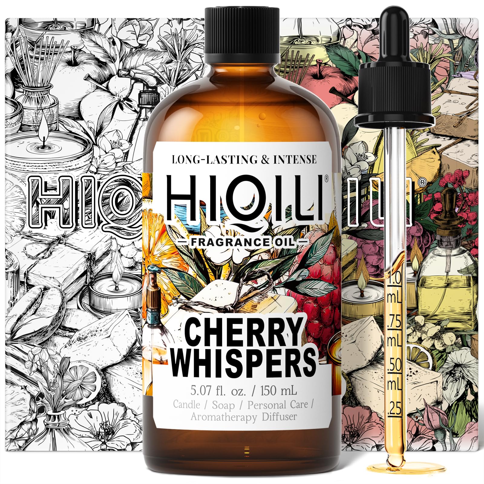 HIQILI Cherry Whispers‌ Fragrance Oil for Soap, Candle Making, Inspired by E.scd Cherry in-t.Air, Wool Dryer Balls, Home Luxury Scents for Laundry &amp; Bathroom Use - 5.07 Fl Oz (Pack of 1)