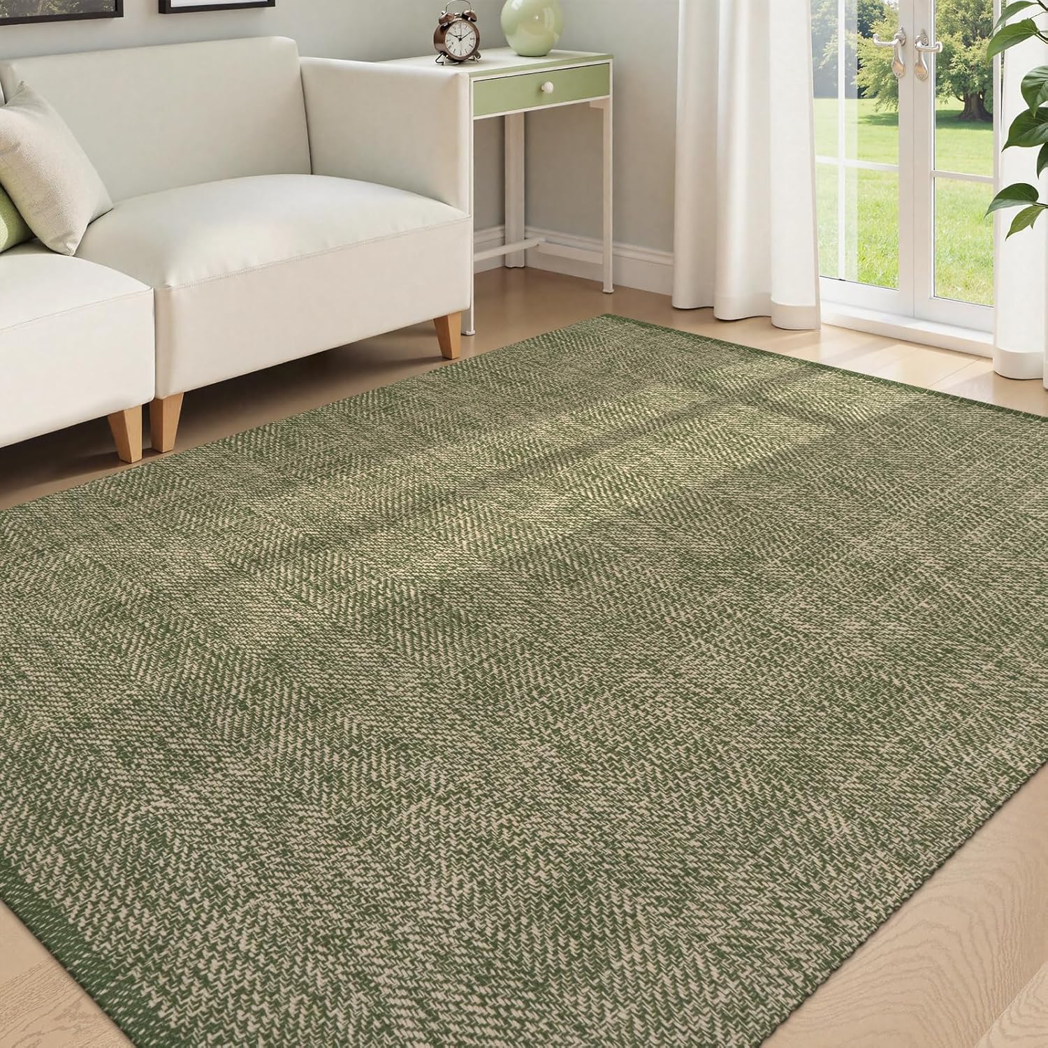 LEEVAN Washable Kitchen Rug, 5' x 8', Green, Modern Geometric Area Rug Green&tan 5'x8'