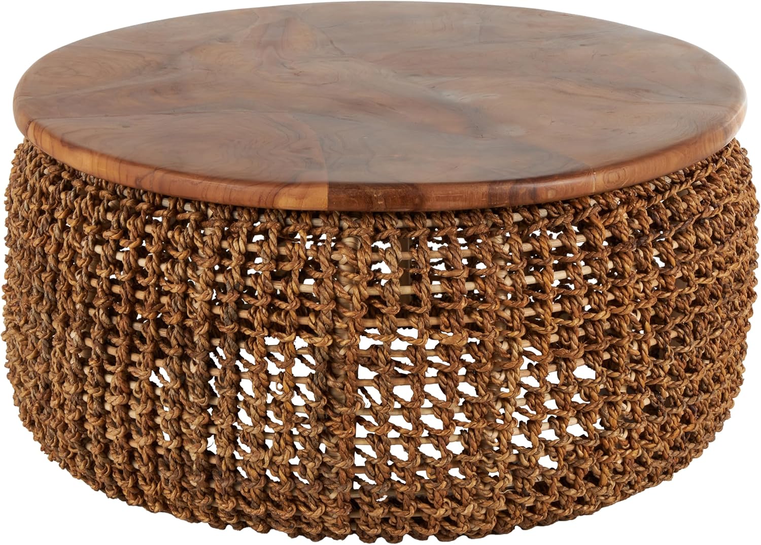 Deco 79 Rattan Living Room Coffee Table Wrapped for Home with Teak Tabletop, Center Table 47" x 47" x 15", Brown