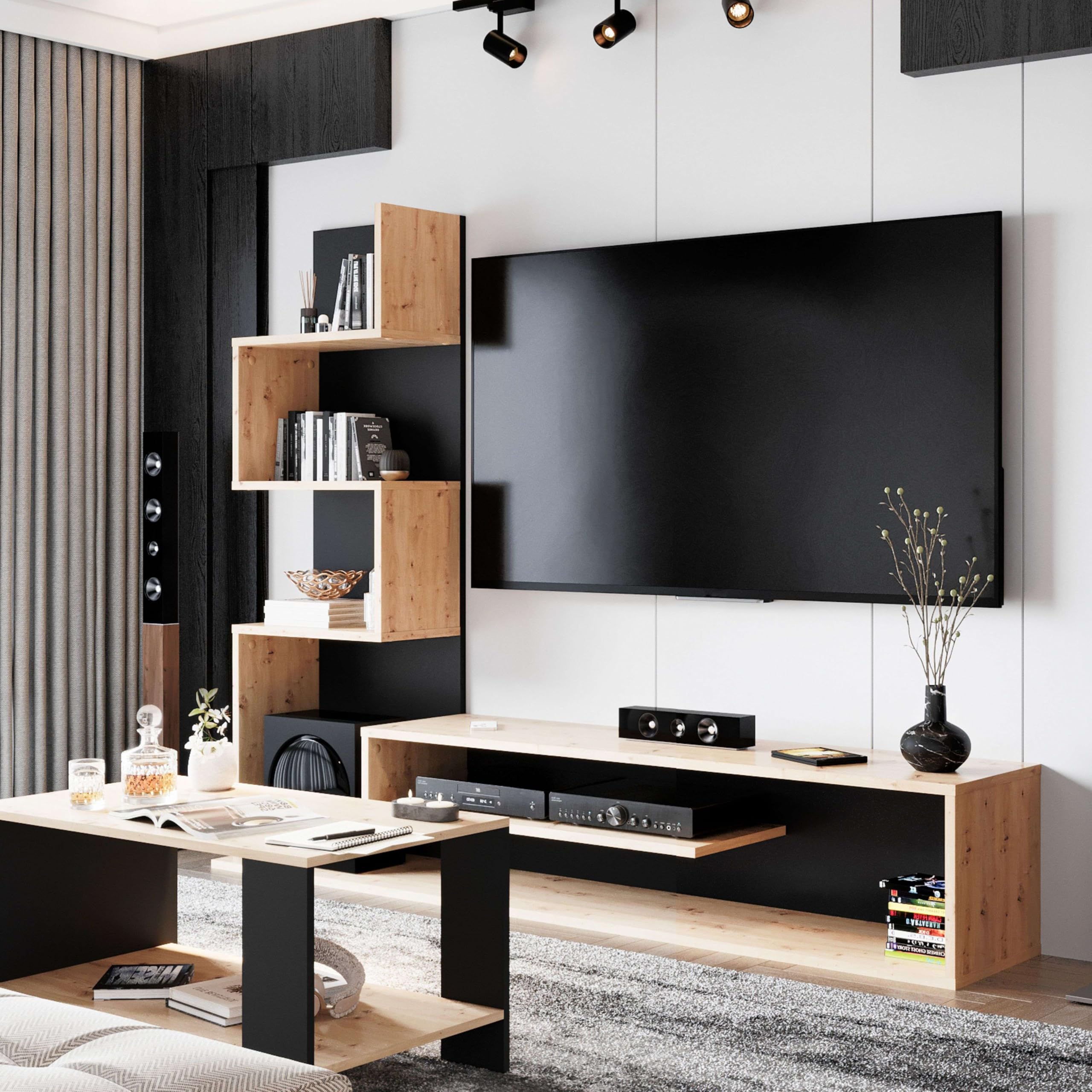 Miroytengo Módulo de TV para Salón Comedor Snake Estilo Industrial en Color Roble Artesano y Negro con 4 Estantes 160x130x29 cm