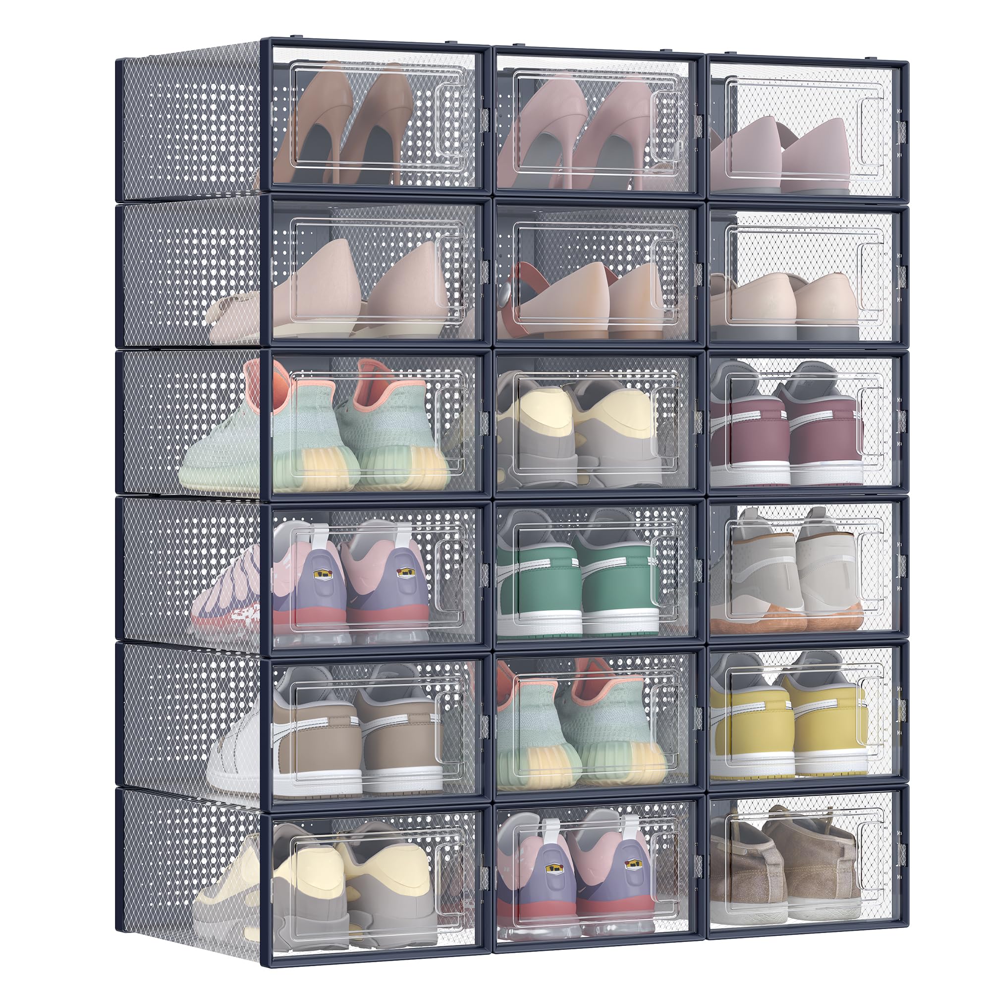 SONGMICS Shoe Boxes, Pack of 18 Stackable Shoe Storage Organisers, Foldable and Versatile for Sneakers, Fit up to UK Size 9.5, Transparent and Charcoal Blue LSP18SB30