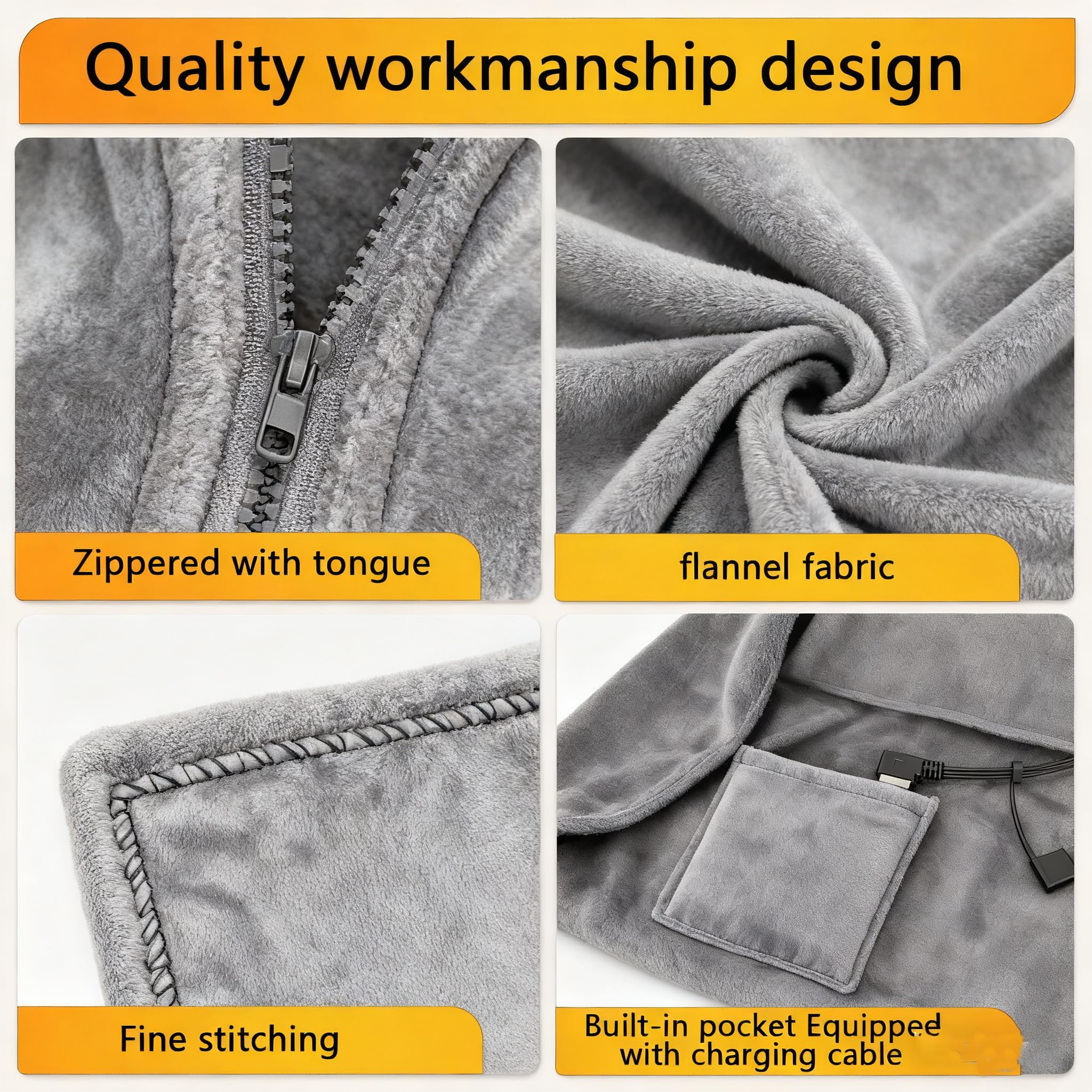 SNZ Coperta Termica USB con Batteria da 10000mAh, 150 x 80 cm Coperta Termica Senza Fili, Coperta Elettrica Scialle di Flanella per Pausa Pranzo in Ufficio, Viaggio All'aperto