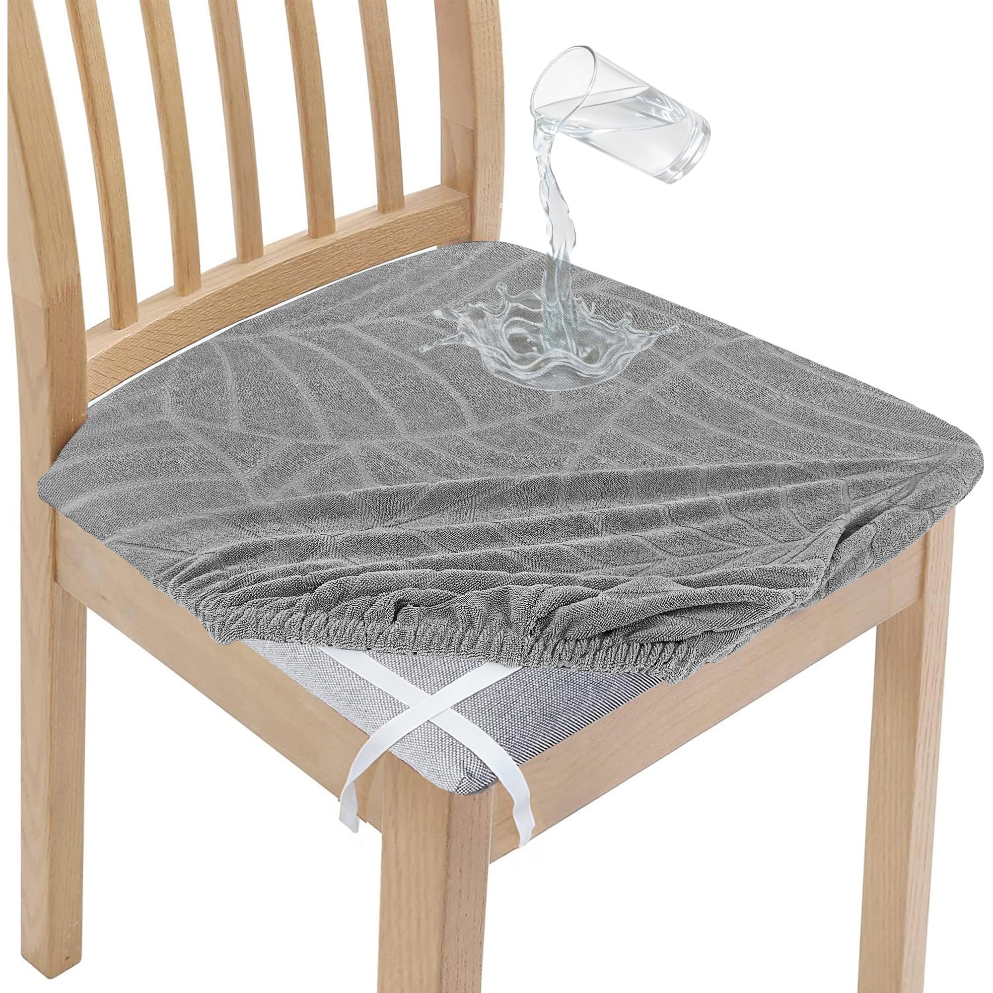 Aovanta Chair Seat Covers Set of 6, Waterproof Dining Chair Seat Covers with Ties, Light Grey Elastic Seat Covers for Dining Chairs, Kitchen, Party, Hotel (Light Grey, 6pcs)