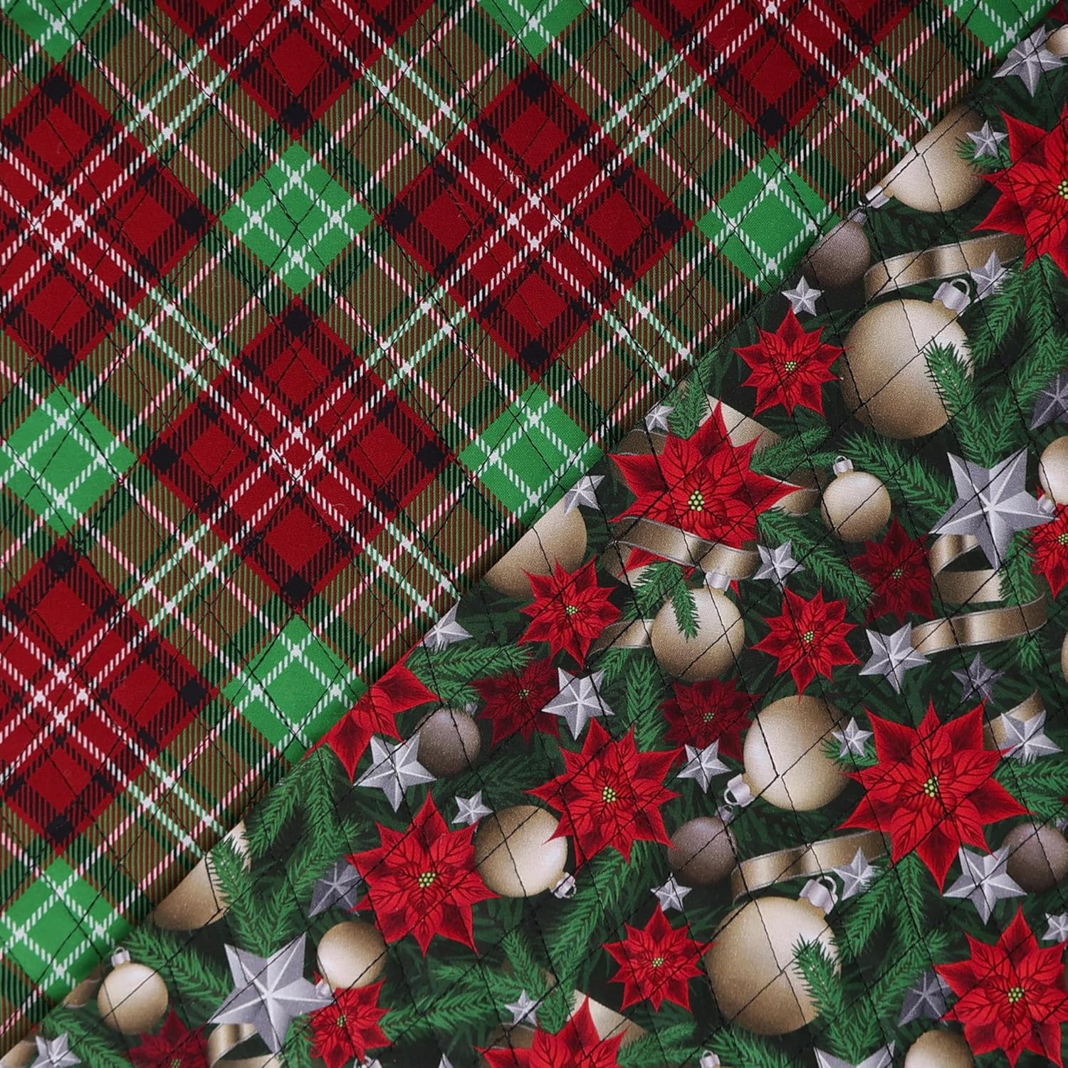 Mook Fabrics Double Faced Quilted Cotton (43'' Wide), Poinsettias & Plaid Green/Red Cut by The Yard