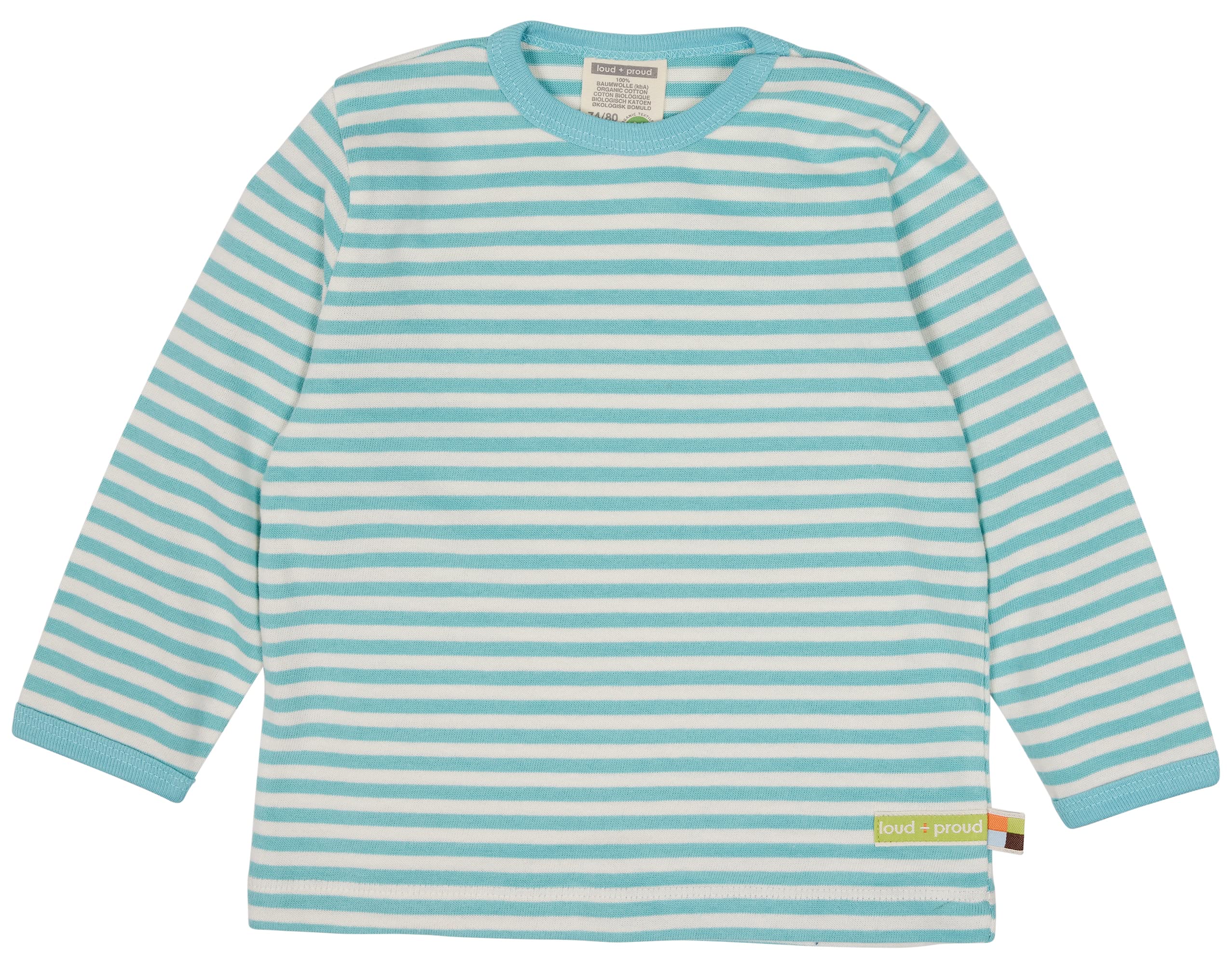 loud + proud Unisex Children's Stripes, GOTS Certified Shirt, Cyan, 74/80, Cyan, 74/80